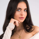 Model wearing Zara Gold Mandala Pendant Necklace, symbolizing harmony and balance in a delicate design.