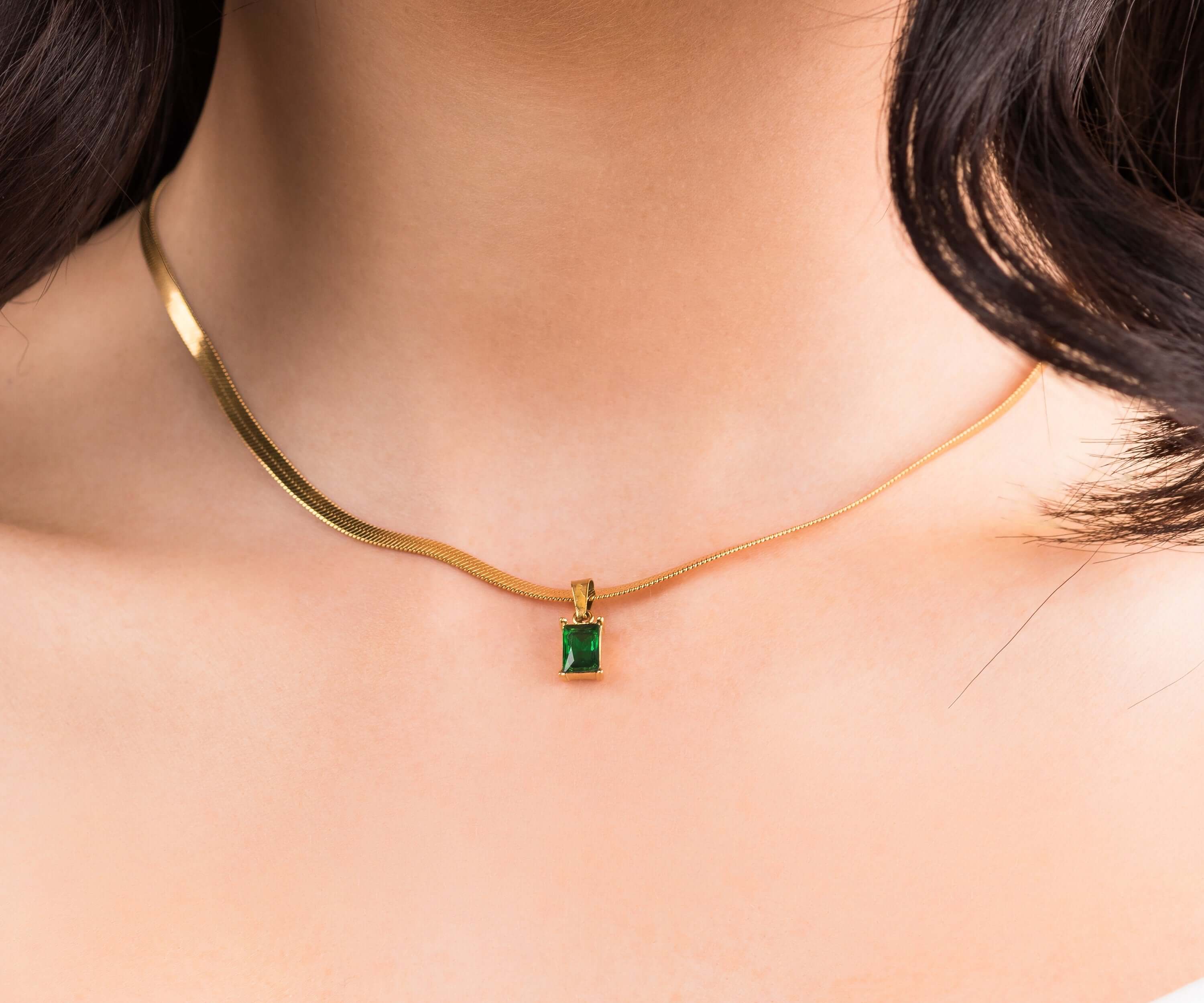 Elena Emerald Green Gemstone Necklace by ARIIRA, set in gold-plated stainless steel with minimalist design.