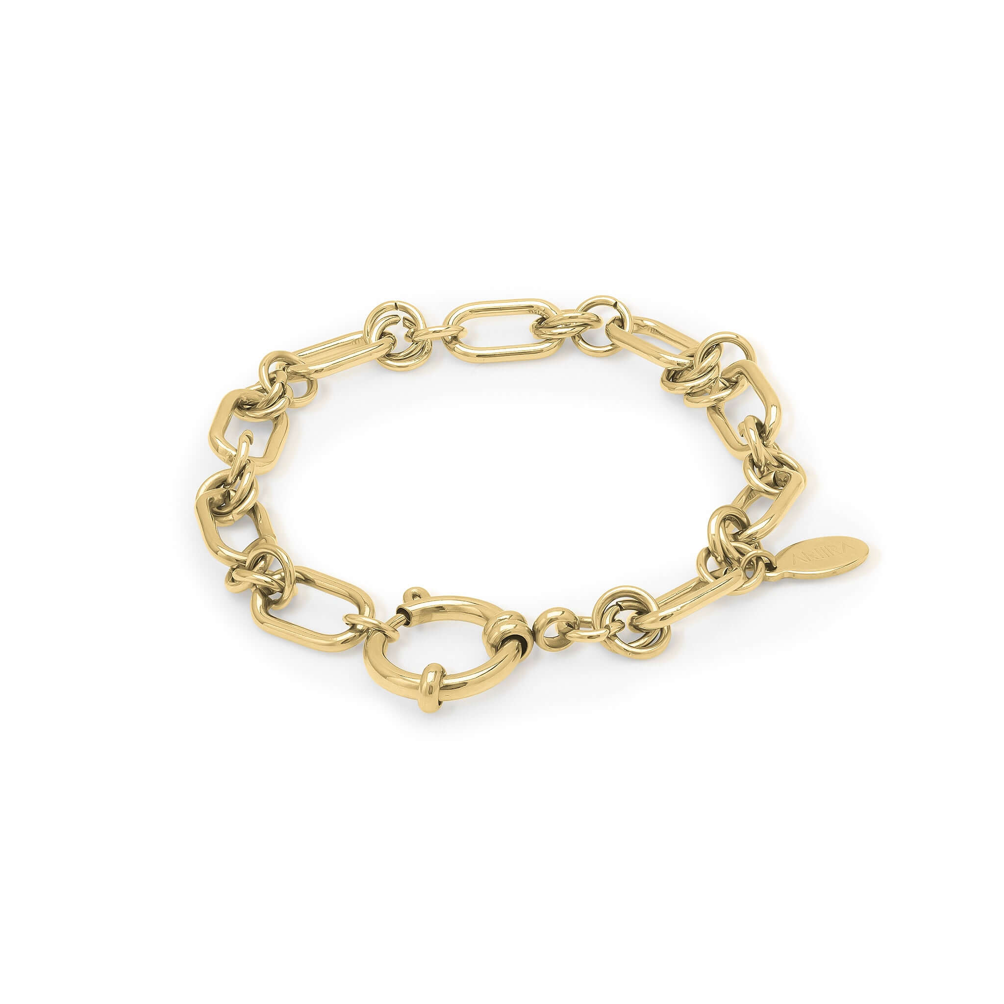 Yasna mixed link gold bracelet with statement clasp, showcasing bold contrast and layered texture.