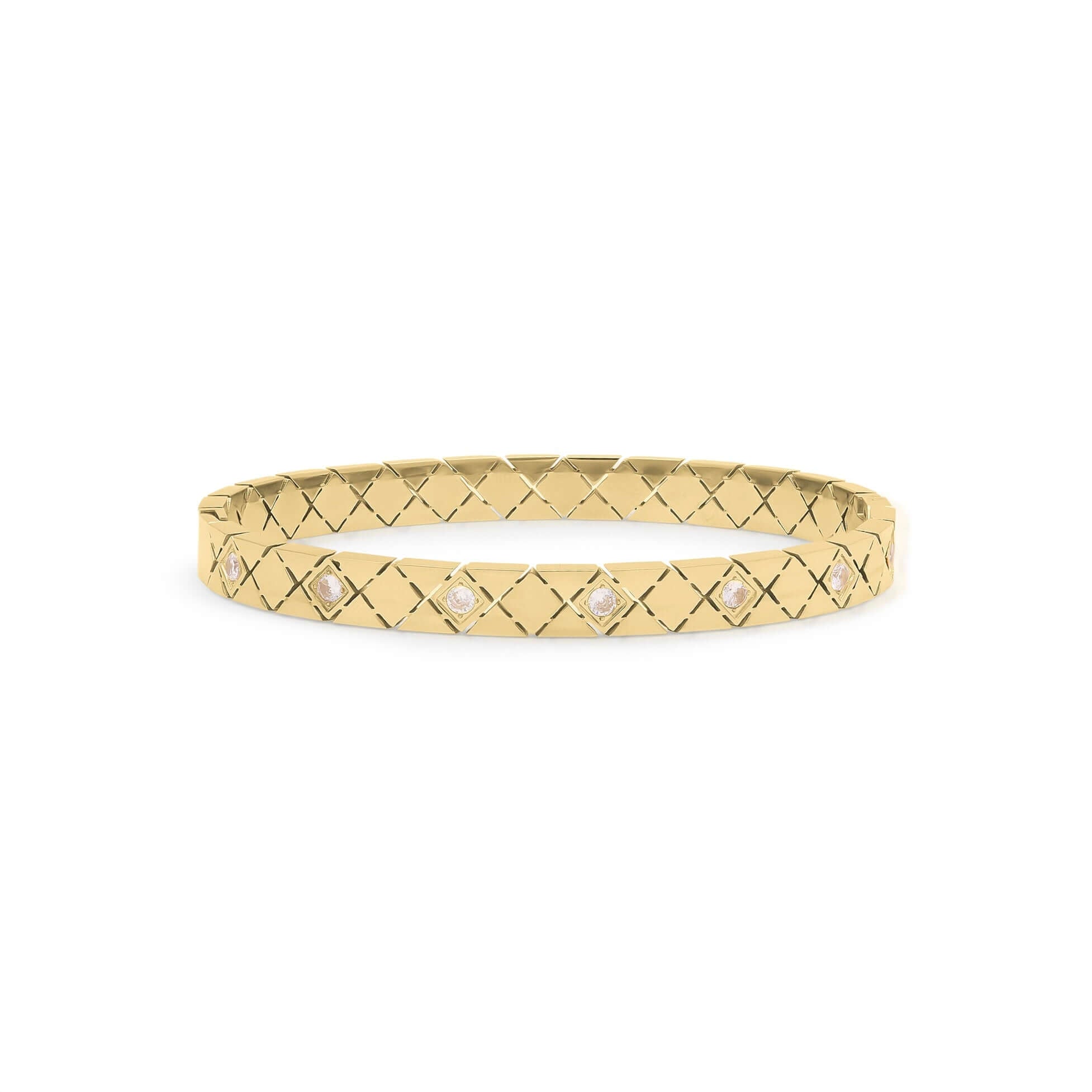 Ameera Lattice Engraved Gold Bangle Bracelet with crisscross design and subtle reflections for timeless elegance.