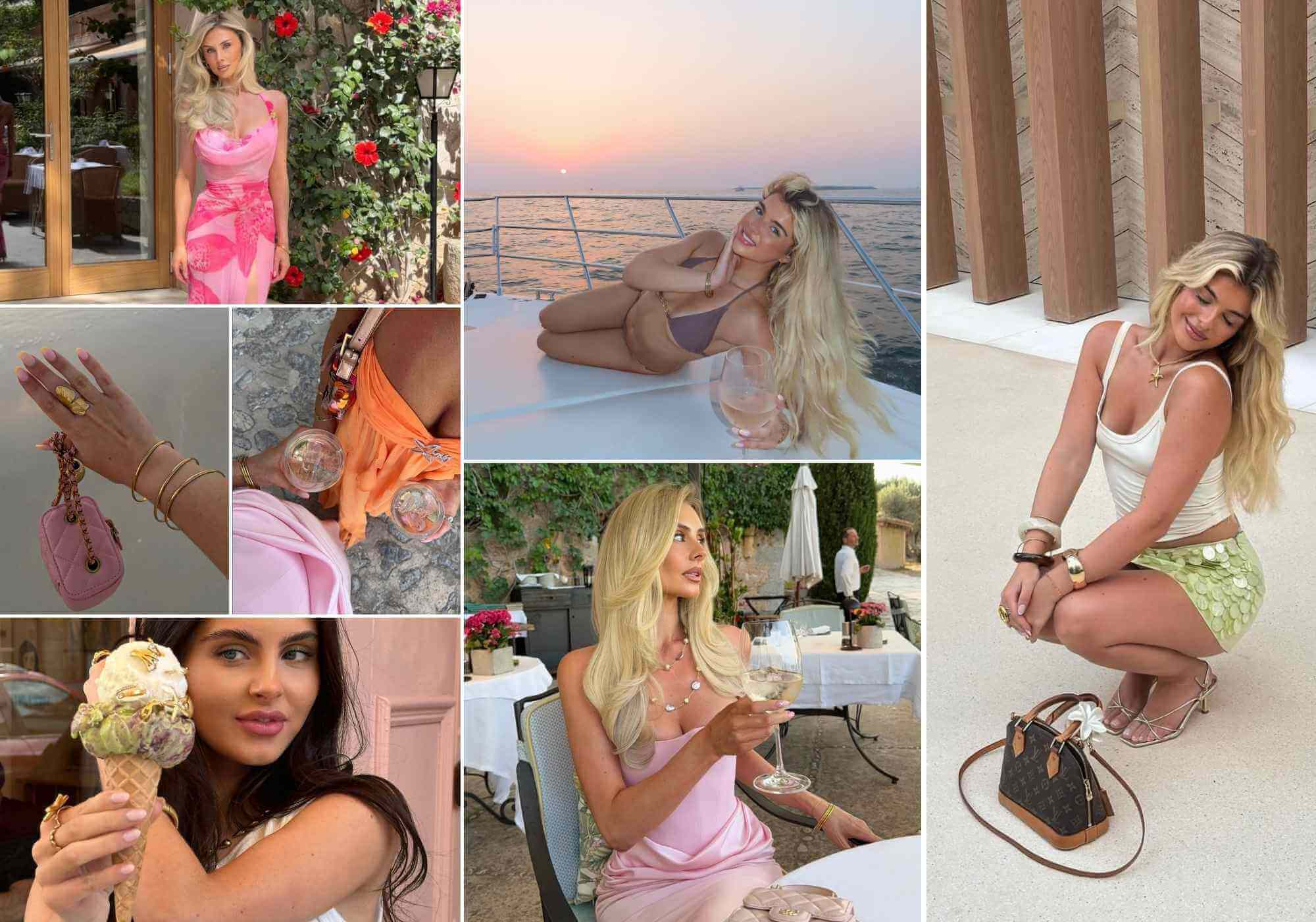 Collage of a stylish woman enjoying summer activities, featuring fashion, food, and scenic views.