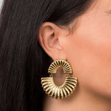Layali Sculpted Fan Drop Earrings by ARIIRA, bold gold earrings with sculpted fan design, perfect for adding elegance.