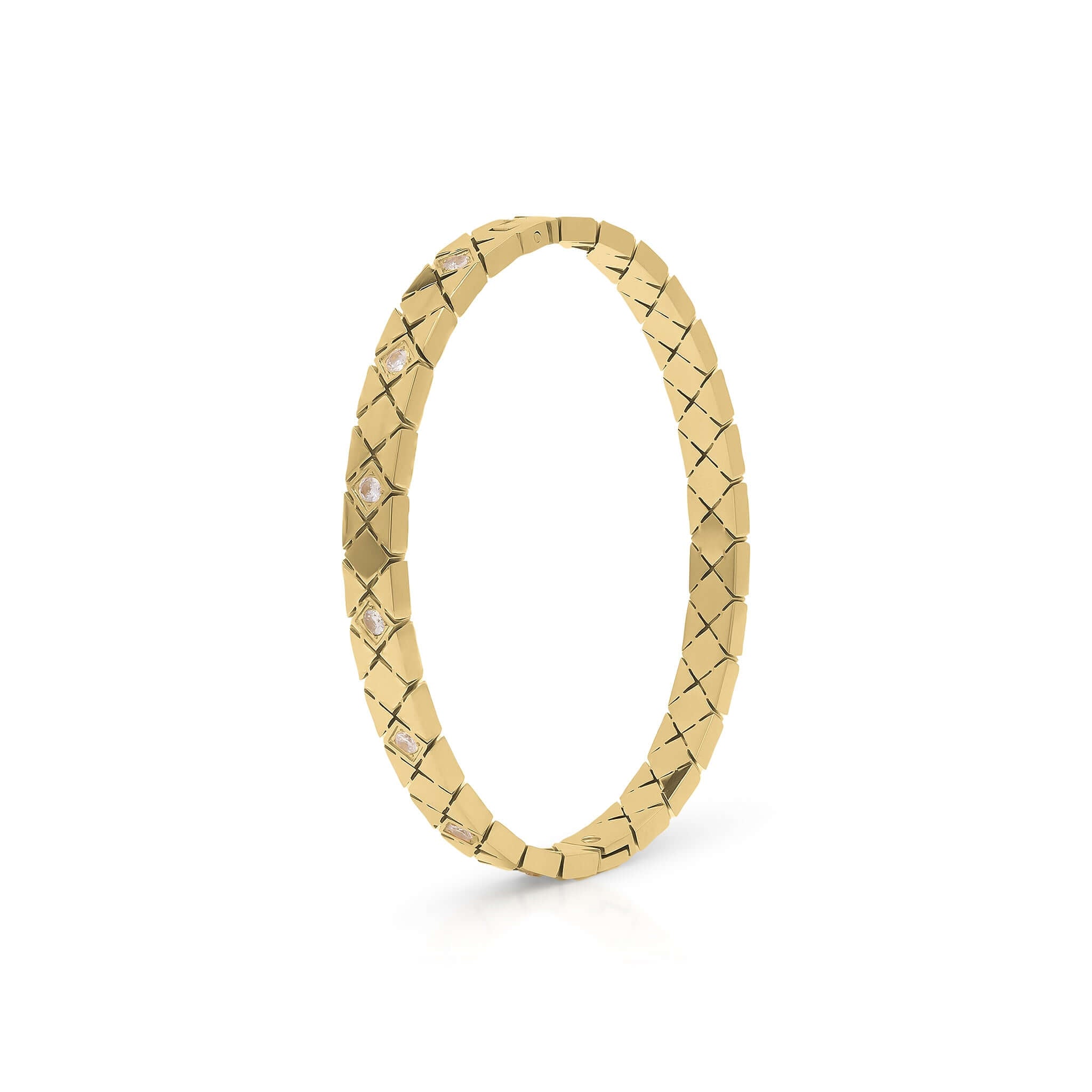 Ameera Lattice Engraved Gold Bangle Bracelet with crisscross lattice design, showcasing timeless elegance and minimalism.