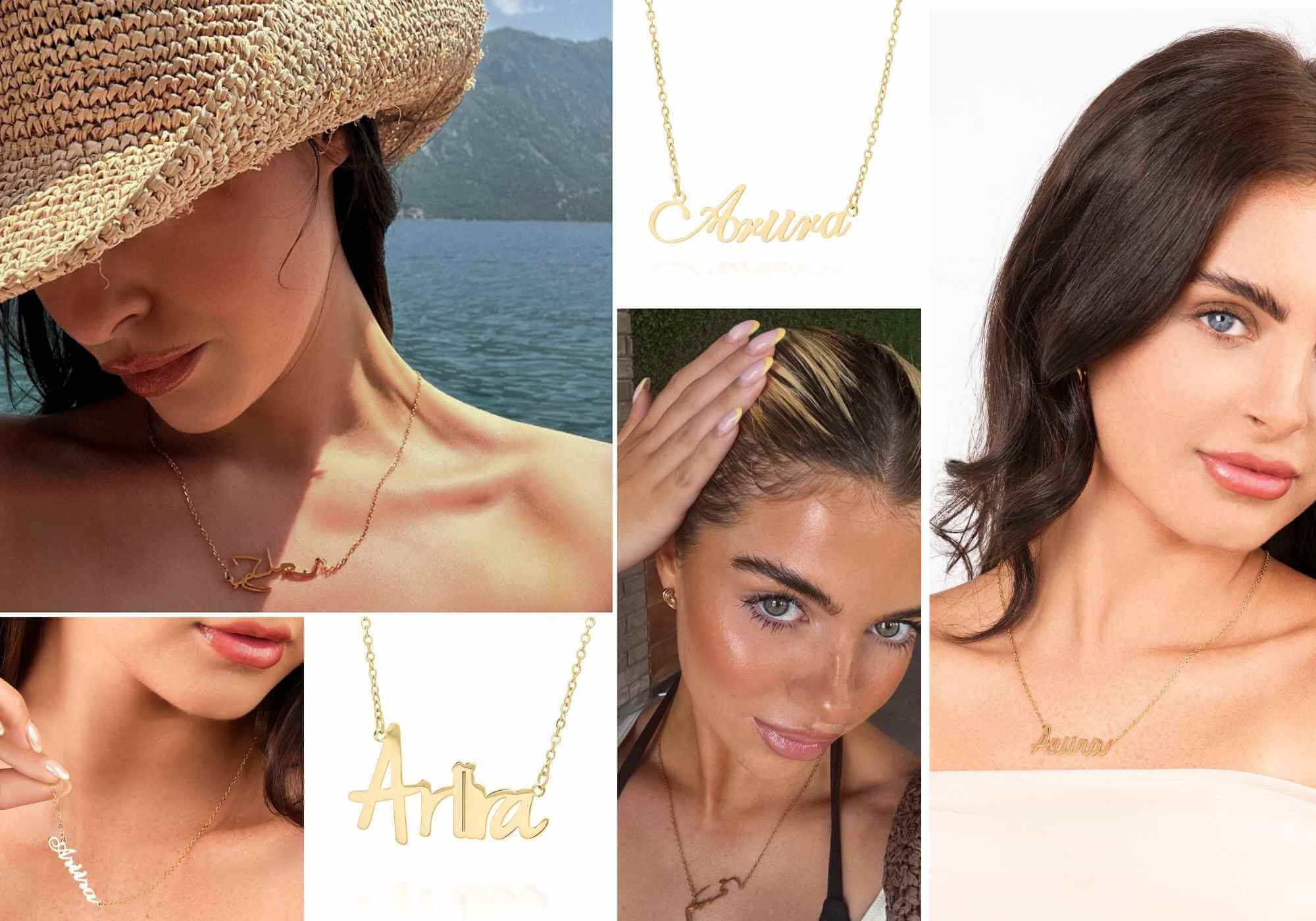 Collage of women wearing personalized name necklaces in gold, showcasing different styles and names.