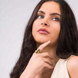 Model showcasing the Inaya Sculptural Open Dome Ring with soft curves and a polished mirror finish.