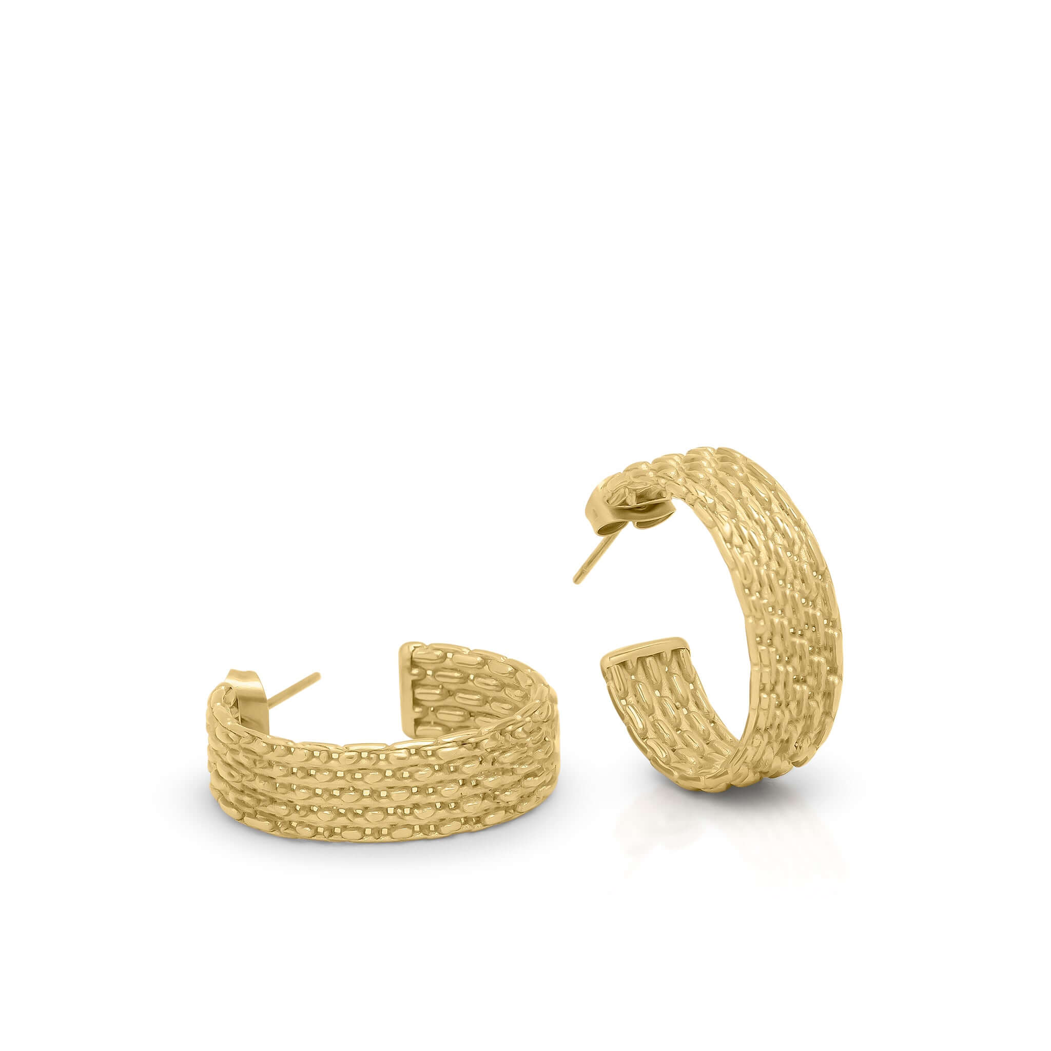 Lyra Gold Textured Hoop Earrings by ARIIRA featuring woven texture and lightweight design, perfect for any occasion.