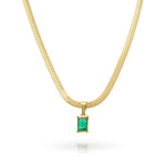 Elena emerald green gemstone necklace in gold-plated stainless steel, showcasing a sleek rectangular frame.