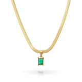 Elena emerald green gemstone necklace in gold-plated stainless steel, showcasing a sleek rectangular frame.