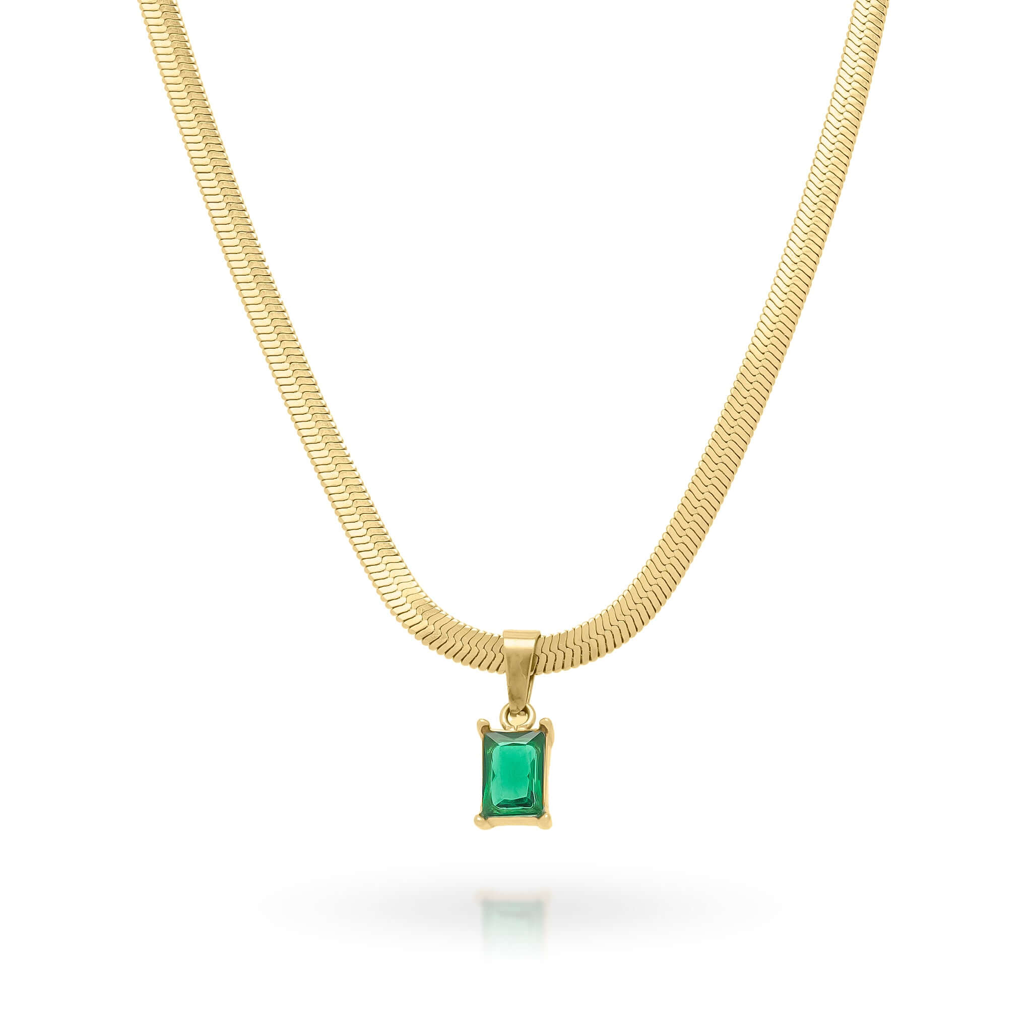 Elena emerald green gemstone necklace in gold-plated stainless steel, showcasing a sleek rectangular frame.