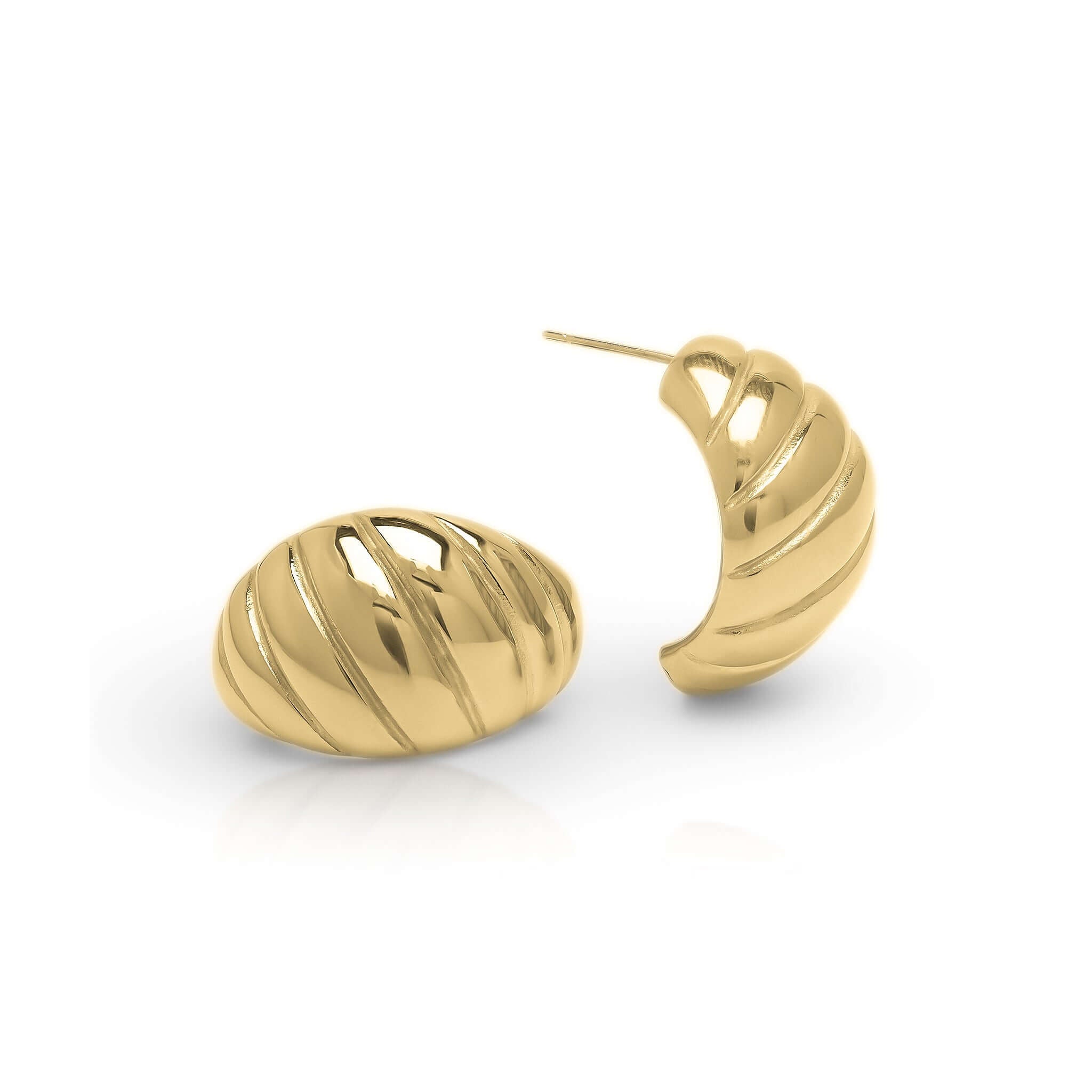 Saira ribbed dome stud earrings by ARIIRA, featuring a smooth reflective finish and sculpted ribbed design.