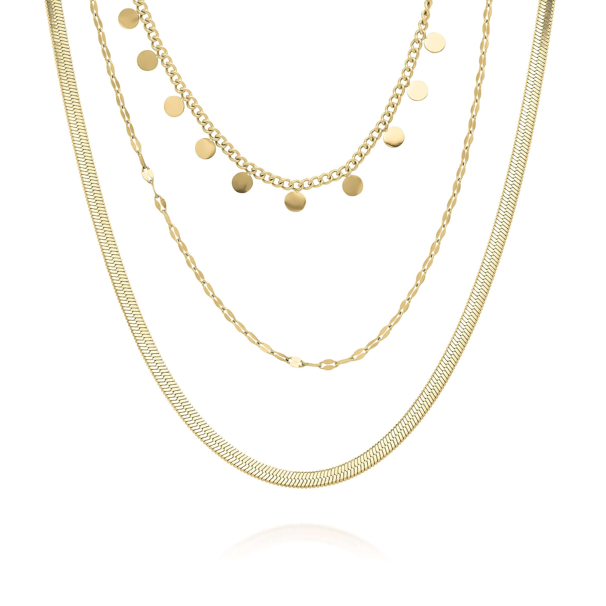 Isla Triple Layered Gold Necklace featuring textured chains and coin drops, crafted from tarnish-resistant gold-plated stainless steel.