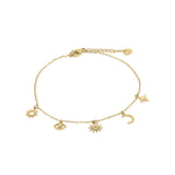Aylin Gold Celestial Charm Anklet with sun, crescent moon, and starburst charms, crafted in gold-plated stainless steel.