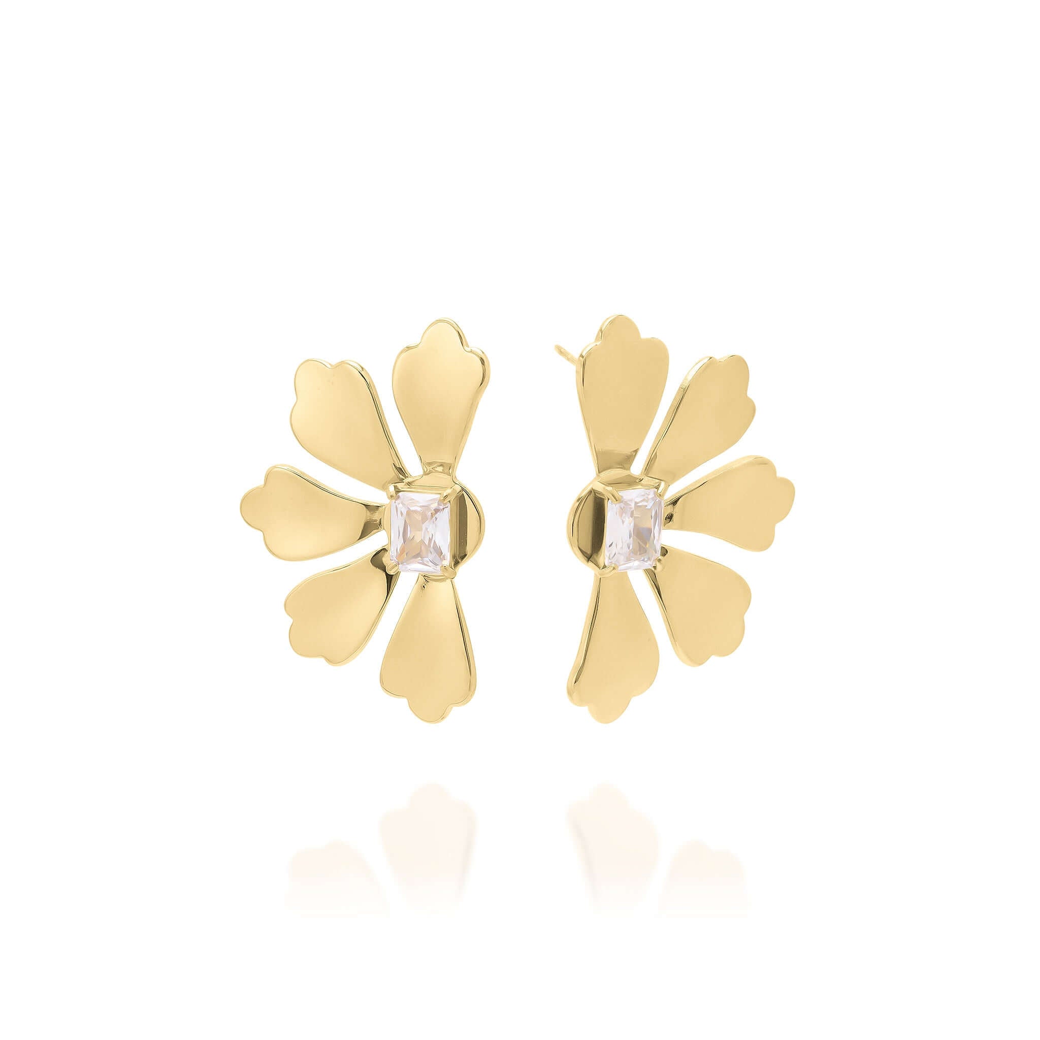 Camille Crystal Bloom Earrings by ARIIRA, gold-plated floral design with brilliant cut crystal centerpiece, elegant and waterproof.