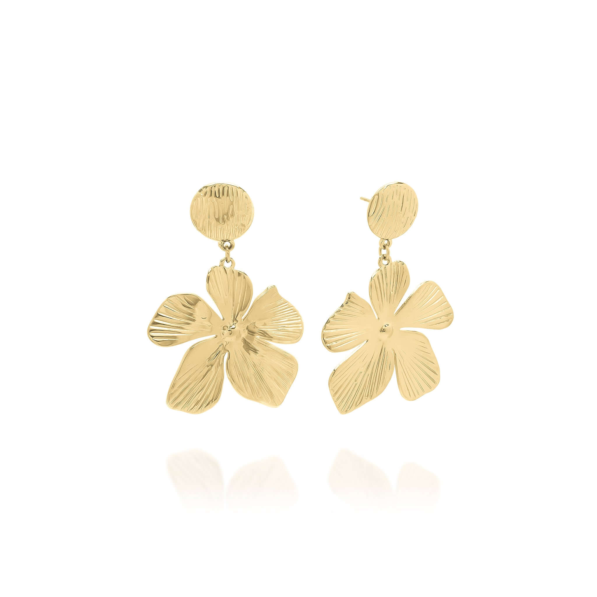 Malia Bloom Statement Earrings by ARIIRA in gold, featuring textured flower design for elegant shimmer.