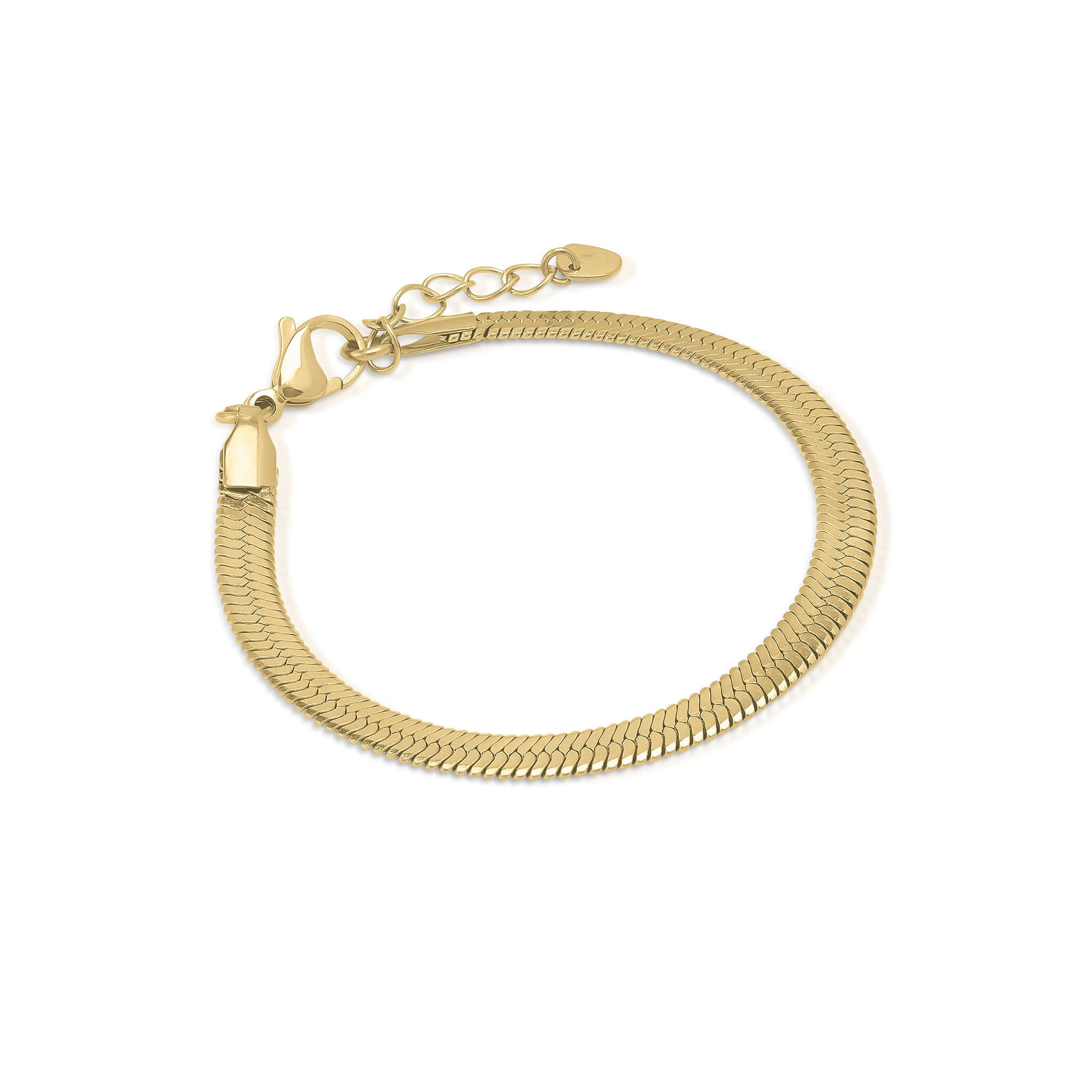 Rhea Sleek Herringbone Bracelet by ARIIRA, showcasing a smooth, reflective gold finish and elegant design for everyday style.