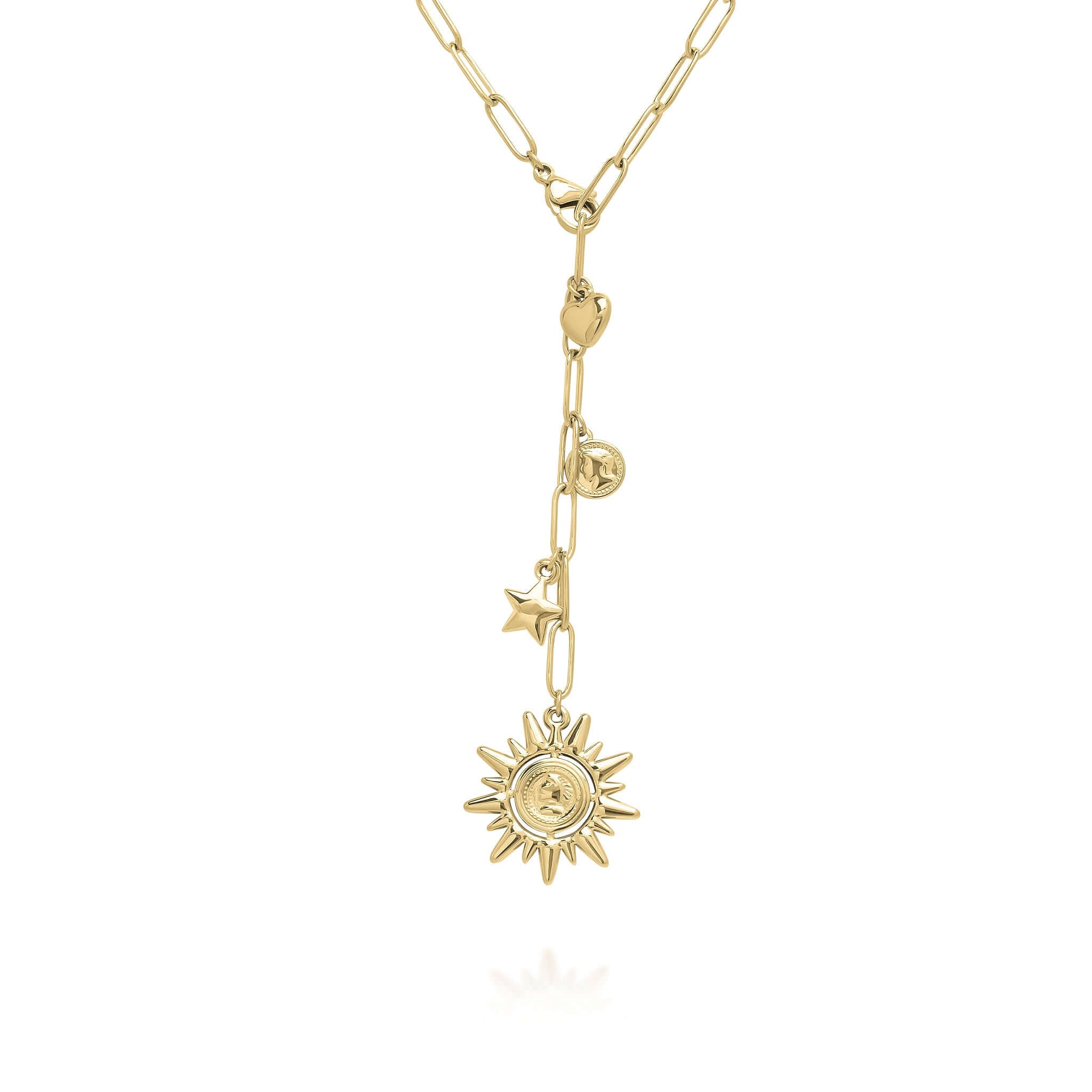 Gold Celestial Charm Drop Necklace by ARIIRA featuring sun, star, heart, and medallion charms on a chain.