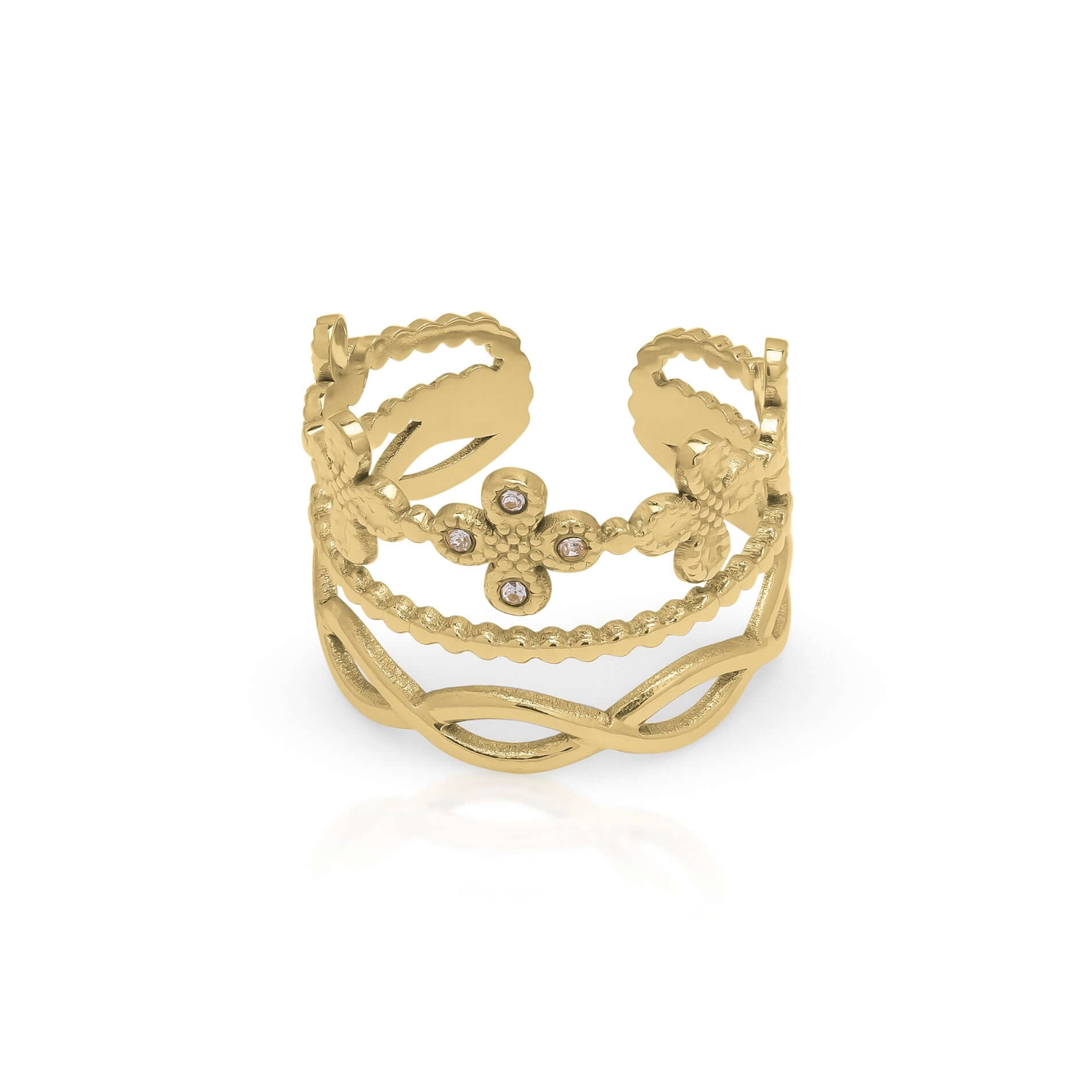 Noor Floral Crown Ring by ARIIRA featuring delicate floral details and sparkling accents in a golden finish.