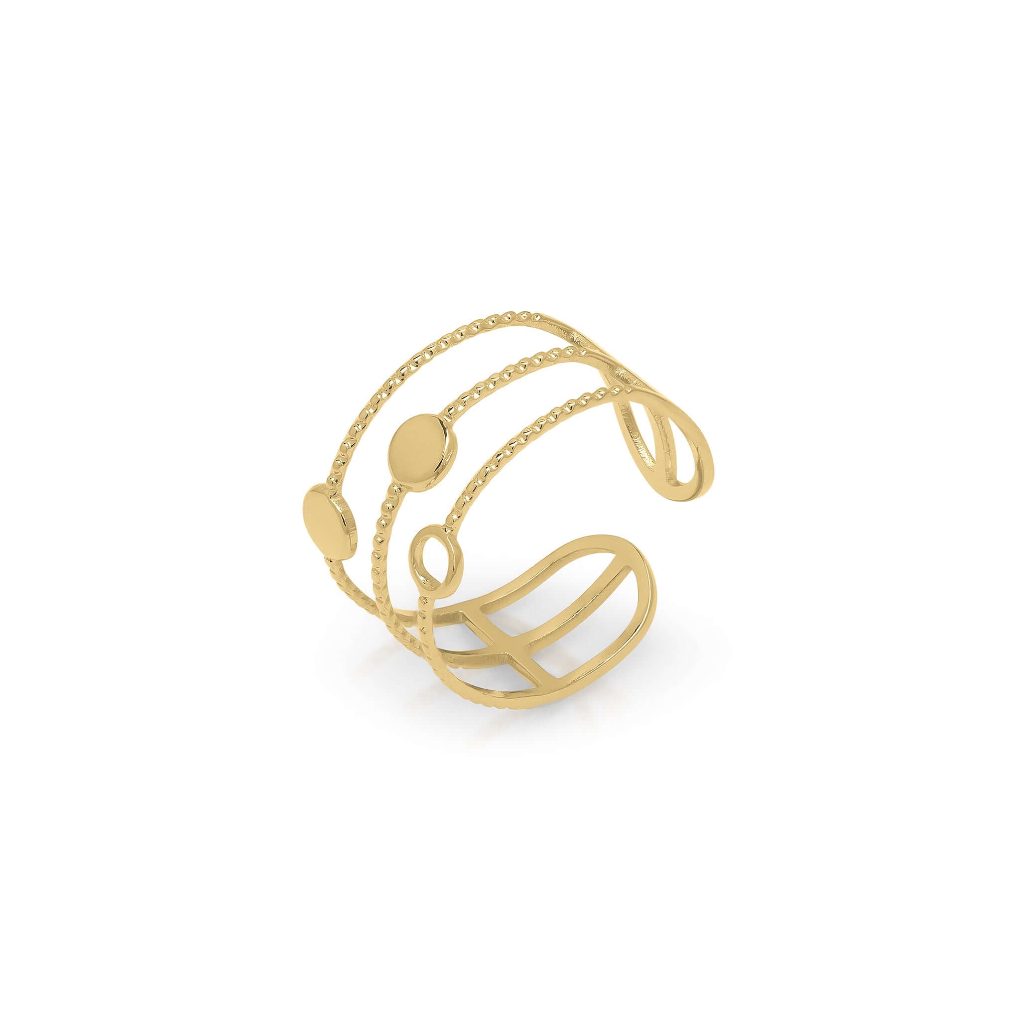 Lyla Orbit Open Ring by ARIIRA, featuring an elegant open wrap design with orbiting discs in gold.