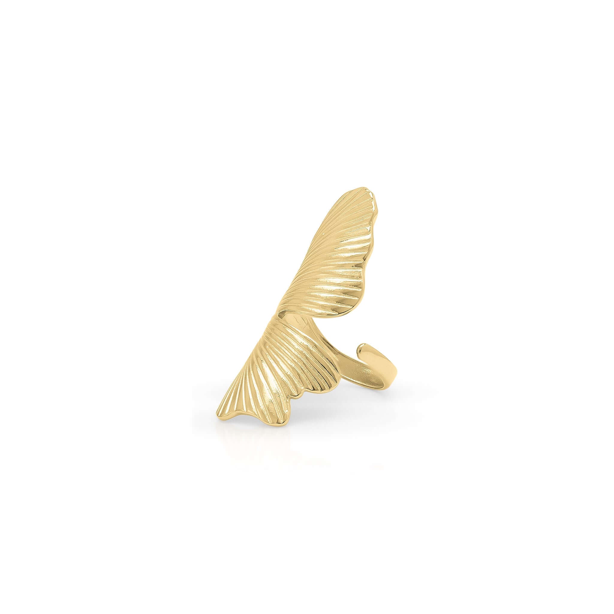 Gold ARIIRA winged textured adjustable ring with delicate feather-like design.
