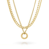 Nina Layered Circle Charm Necklace by ARIIRA, featuring gold-plated chains and a polished circle charm.