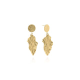 Layla Textured Drop Statement Earrings by ARIIRA with hammered disc and sculptural leaf drop design.
