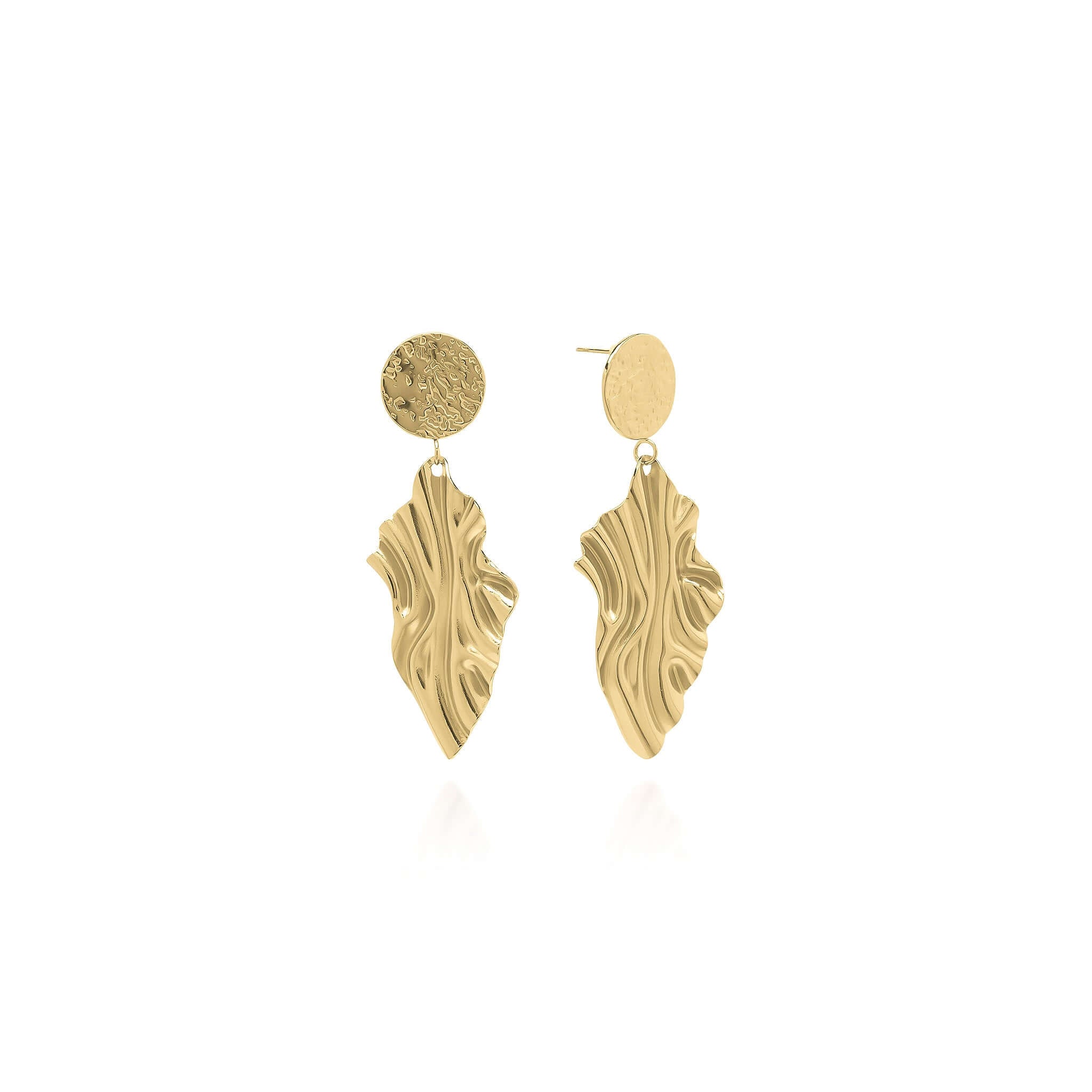 Layla Textured Drop Statement Earrings by ARIIRA with hammered disc and sculptural leaf drop design.