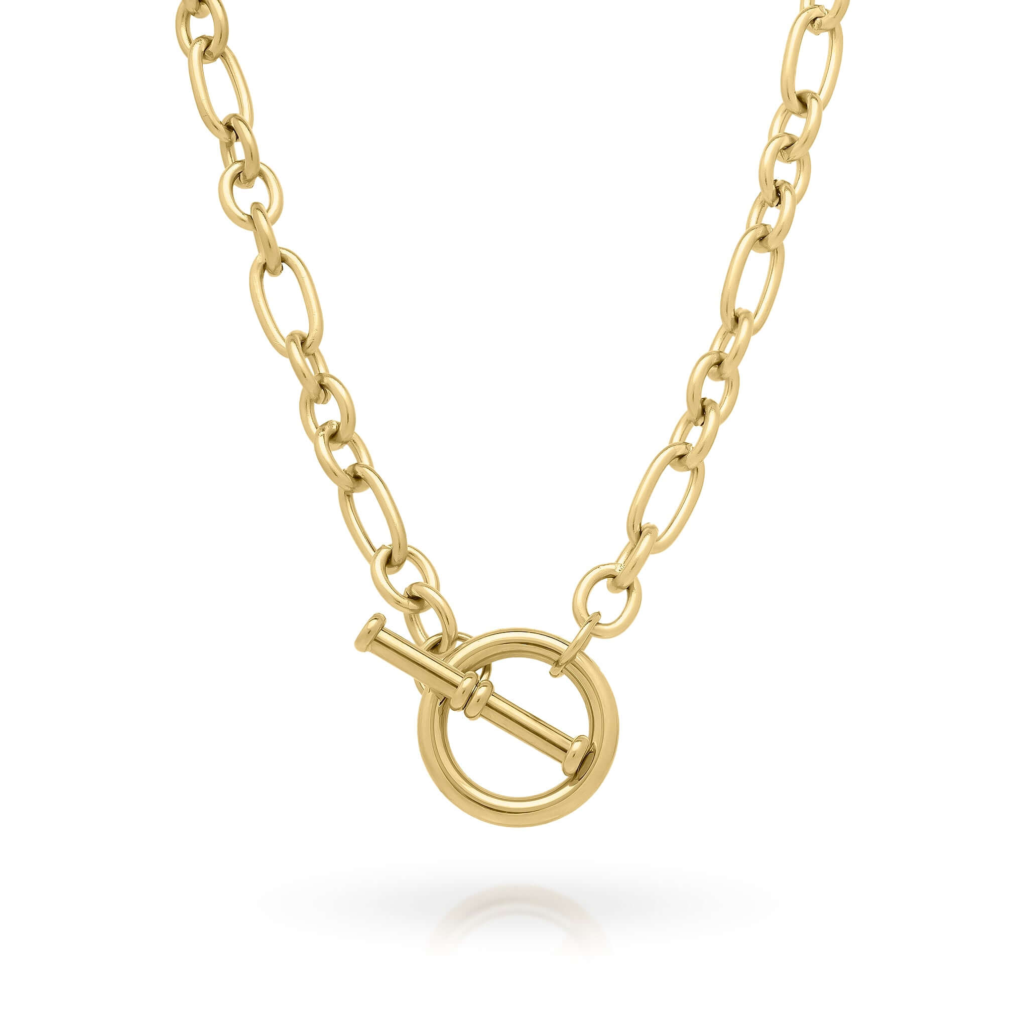 Raya Gold Circle Bar Pendant Necklace features a gold-plated oversized link chain and a unique circle and bar clasp.