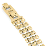 Nahla Wide Link Structured Gold Bracelet by ARIIRA featuring solid rectangular links with a mirrored shine.