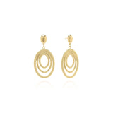 Elena Orbit Drop Earrings by ARIIRA, showcasing layered gold design with sculptural curves and concentric silhouette.