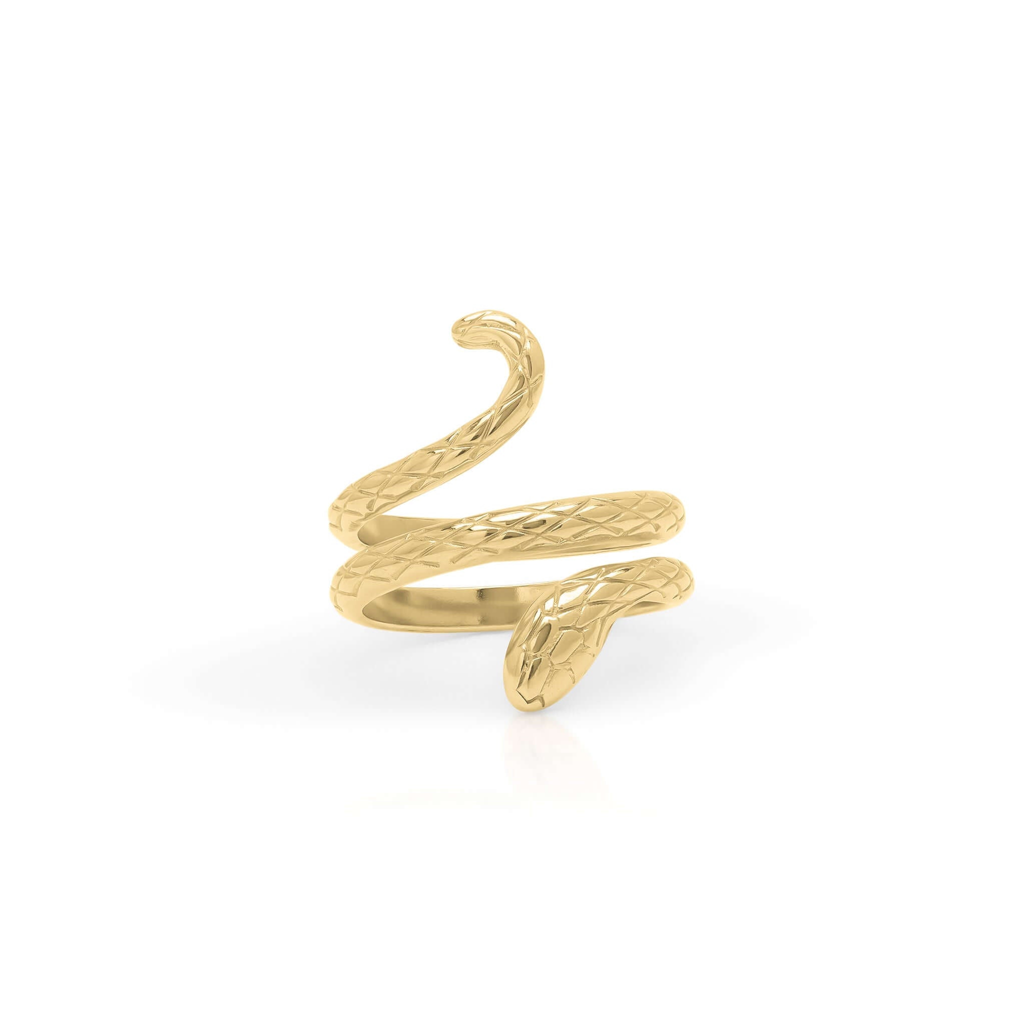 Amaya Textured Serpent Wrap Ring by ARIIRA, featuring a golden embossed scale design and adjustable fit.