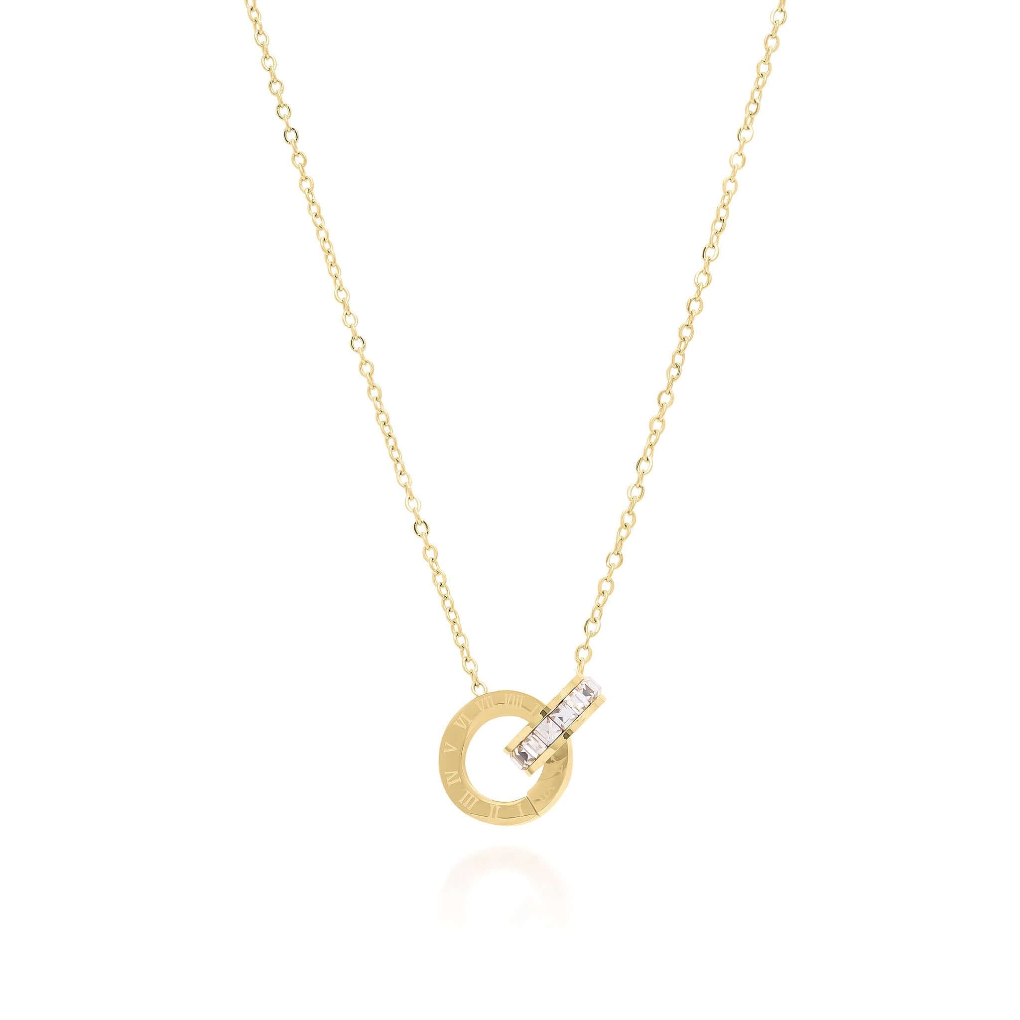 Reina Roman Circle Pendant Necklace by ARIIRA, featuring a polished circle with Roman numerals and a crystal charm.