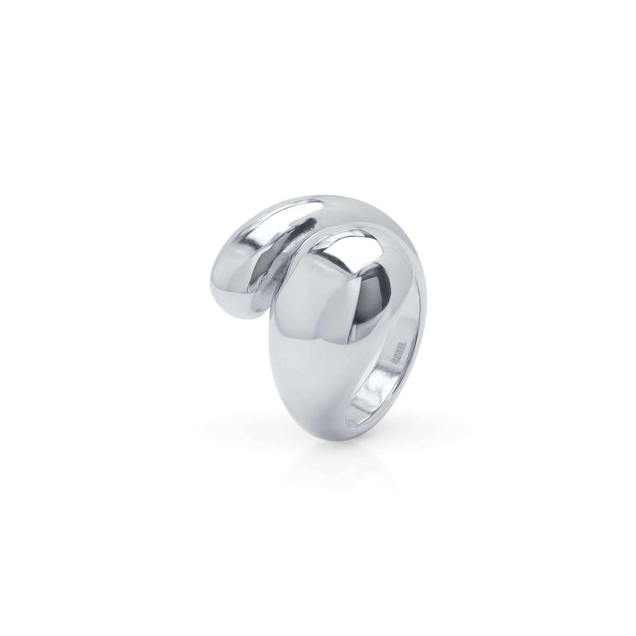 Elegant ARIIRA sculptural open dome ring with a polished mirror finish and fluid curves.