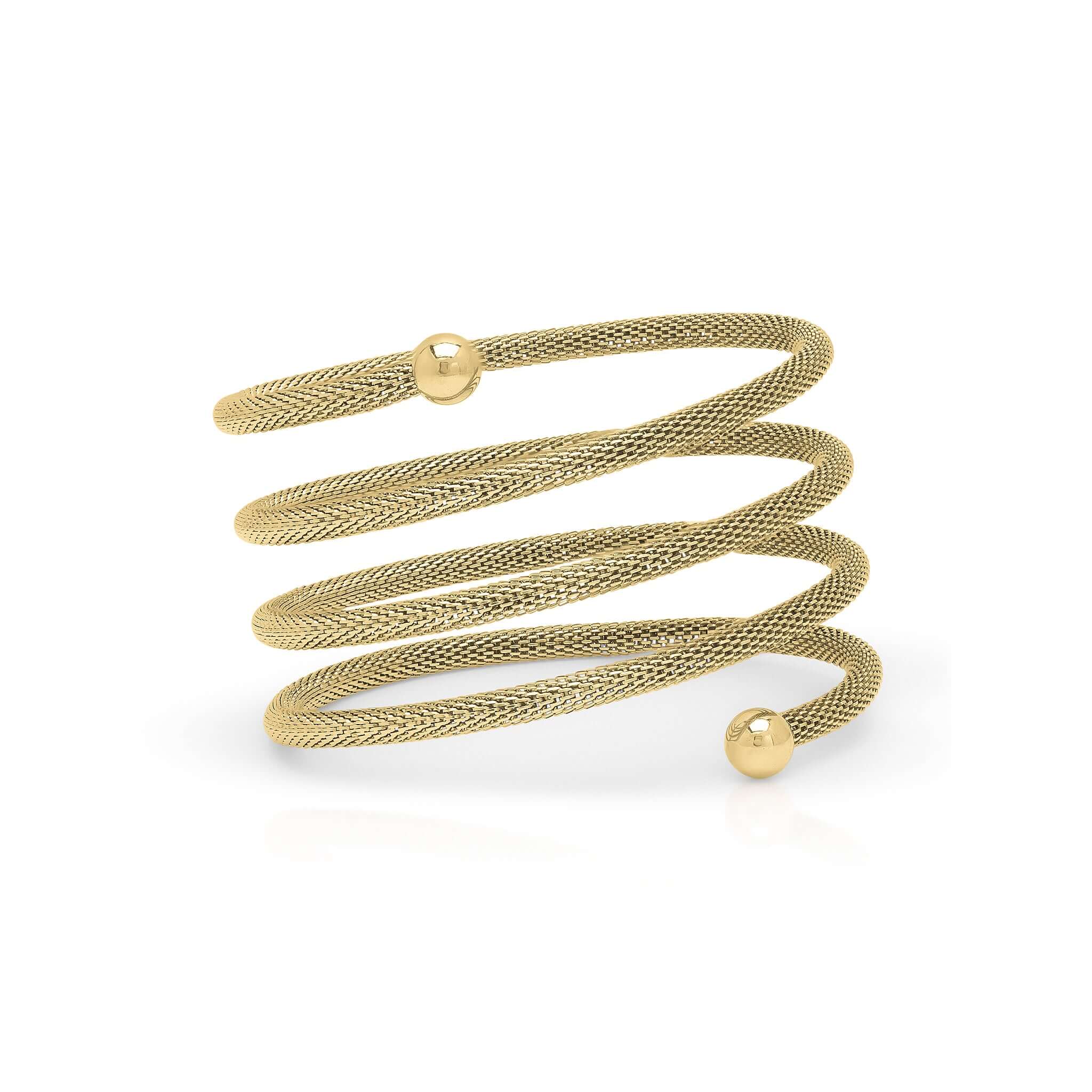 Elegant ARIIRA Zina Spiral Mesh Coil Bracelet in gold, showcasing a textured design with polished end spheres.