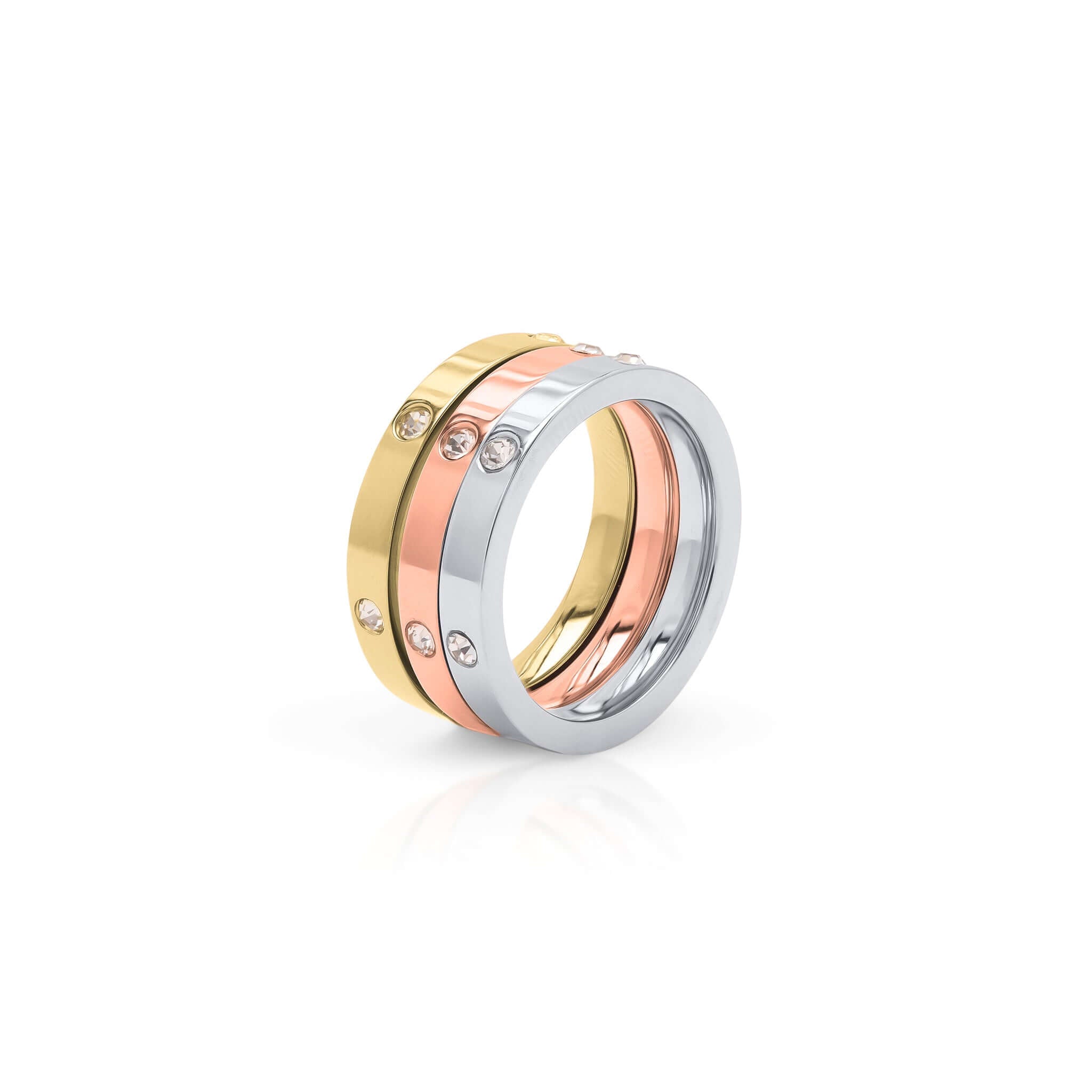 Kaia Triple Tone Crystal Ring Set by ARIIRA featuring stacked rose, gold, and silver bands with crystals.