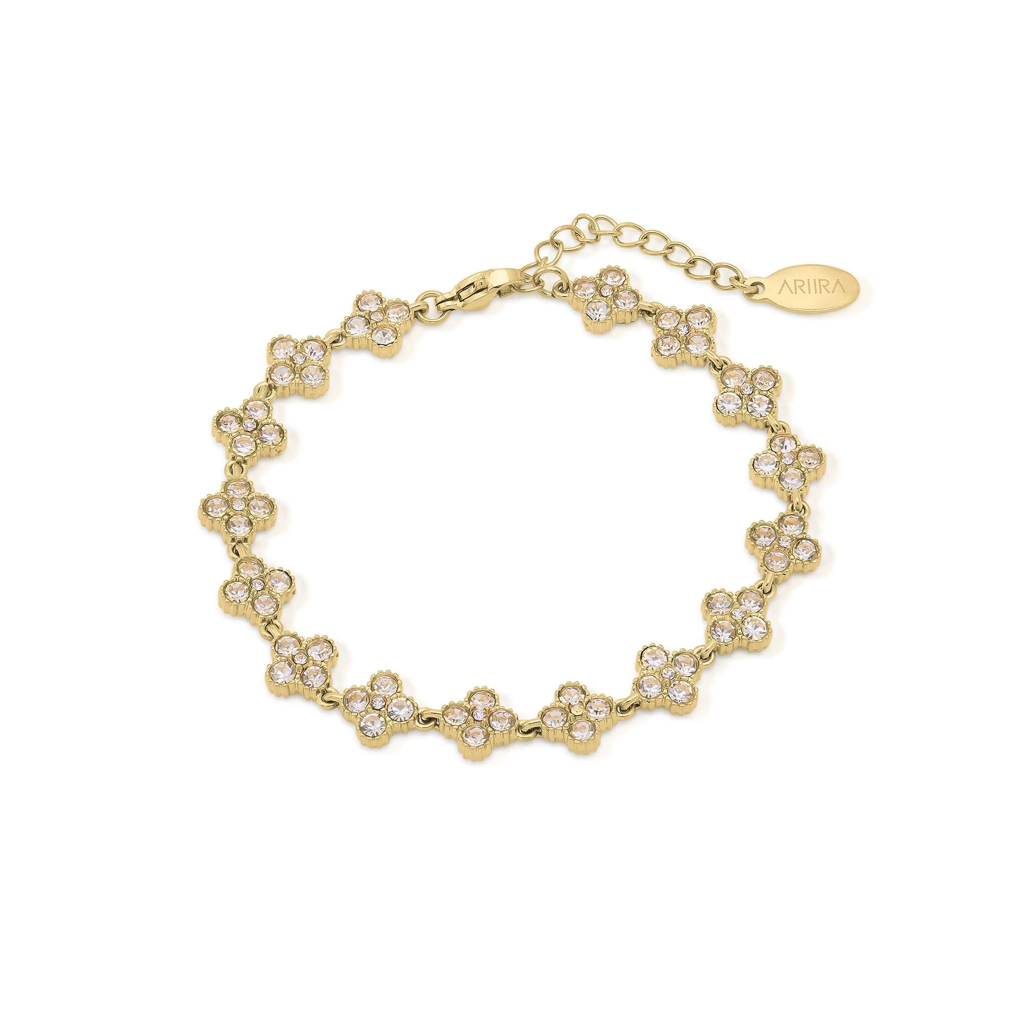 ARIIRA delicate crystal flower link bracelet in gold, capturing light with petite sparkles, perfect for elegance and femininity.