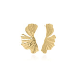 Gold sculpted petal earrings by ARIIRA, showcasing organic elegance with curved layers and a shiny, waterproof finish.