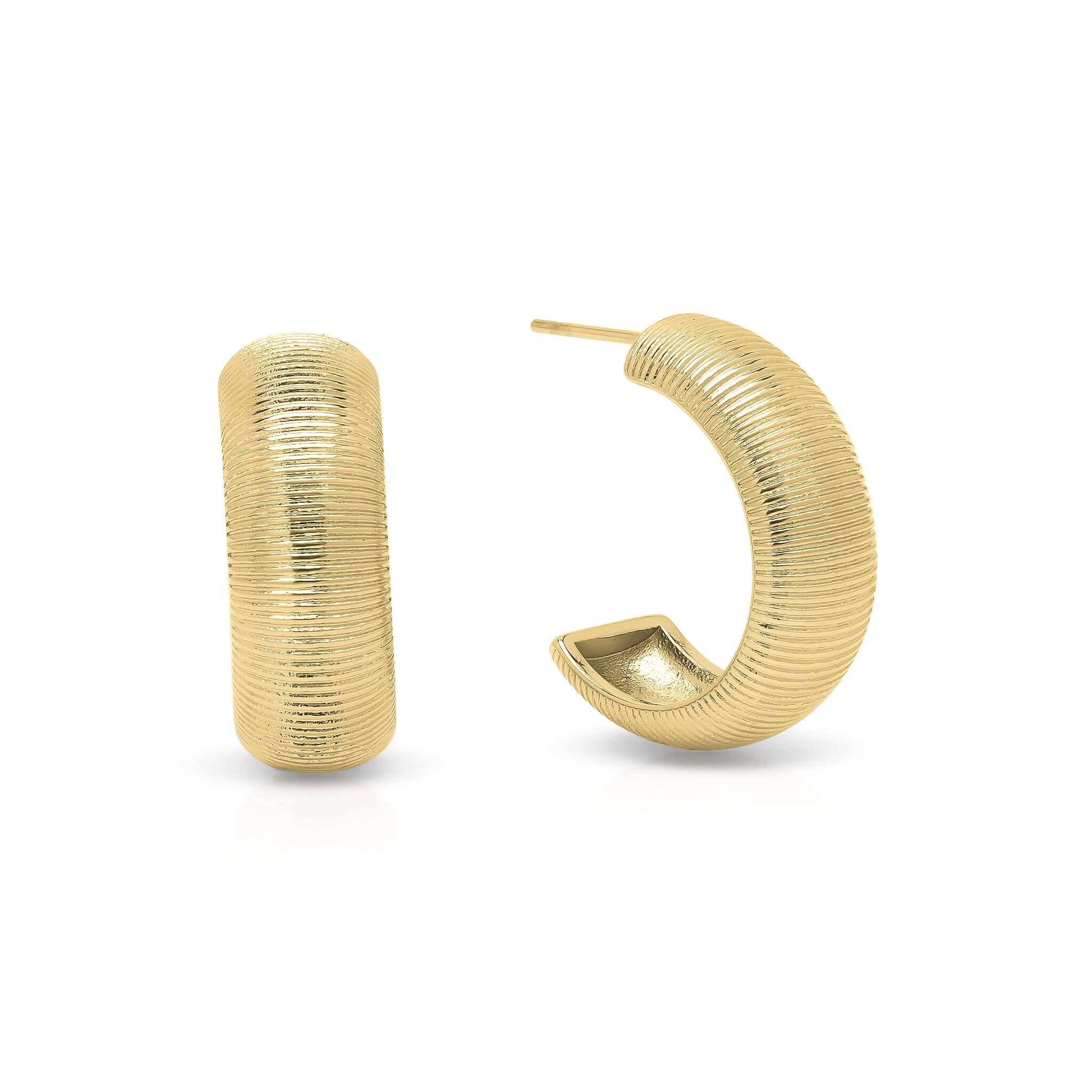 Gold ribbed hoop earrings by ARIIRA featuring textured design with polished brushed finish.