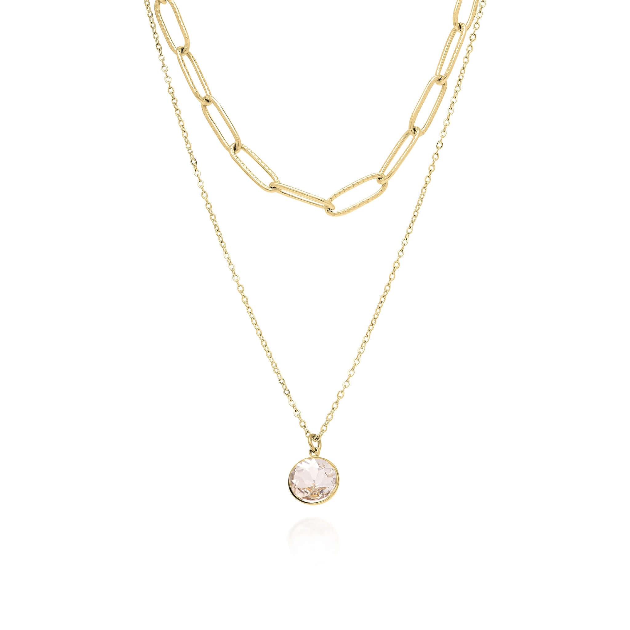 Layered gold chain necklace with solitaire charm by ARIIRA, featuring a light-catching stone for everyday elegance.