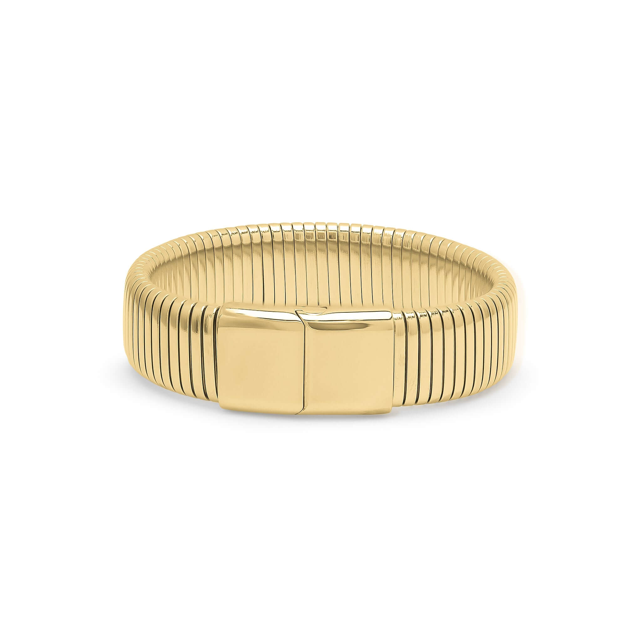 Yasira Ribbed Wide Gold Bangle Bracelet by ARIIRA, featuring a bold ribbed design and smooth clasp for elegant style.