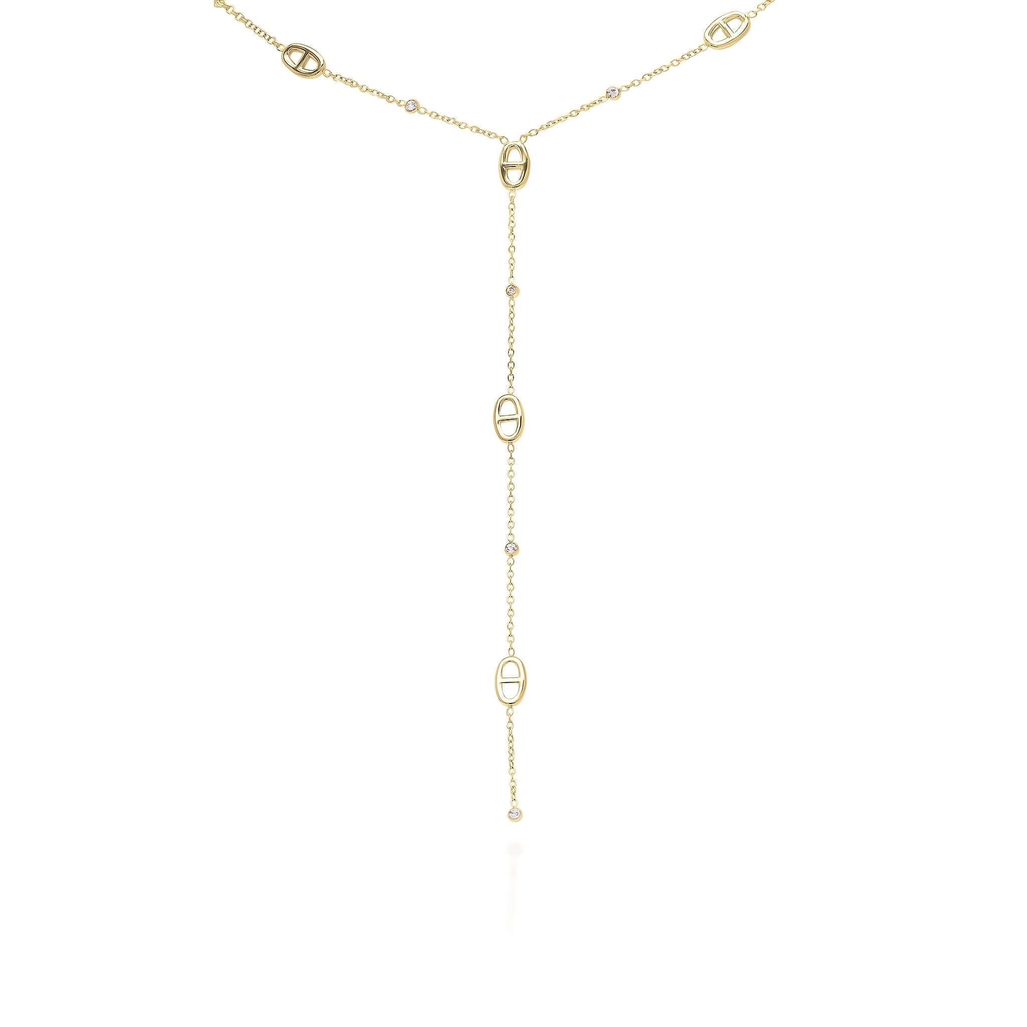 Mireya Y-drop necklace by ARIIRA featuring elegant oval motifs on a slender gold chain design.