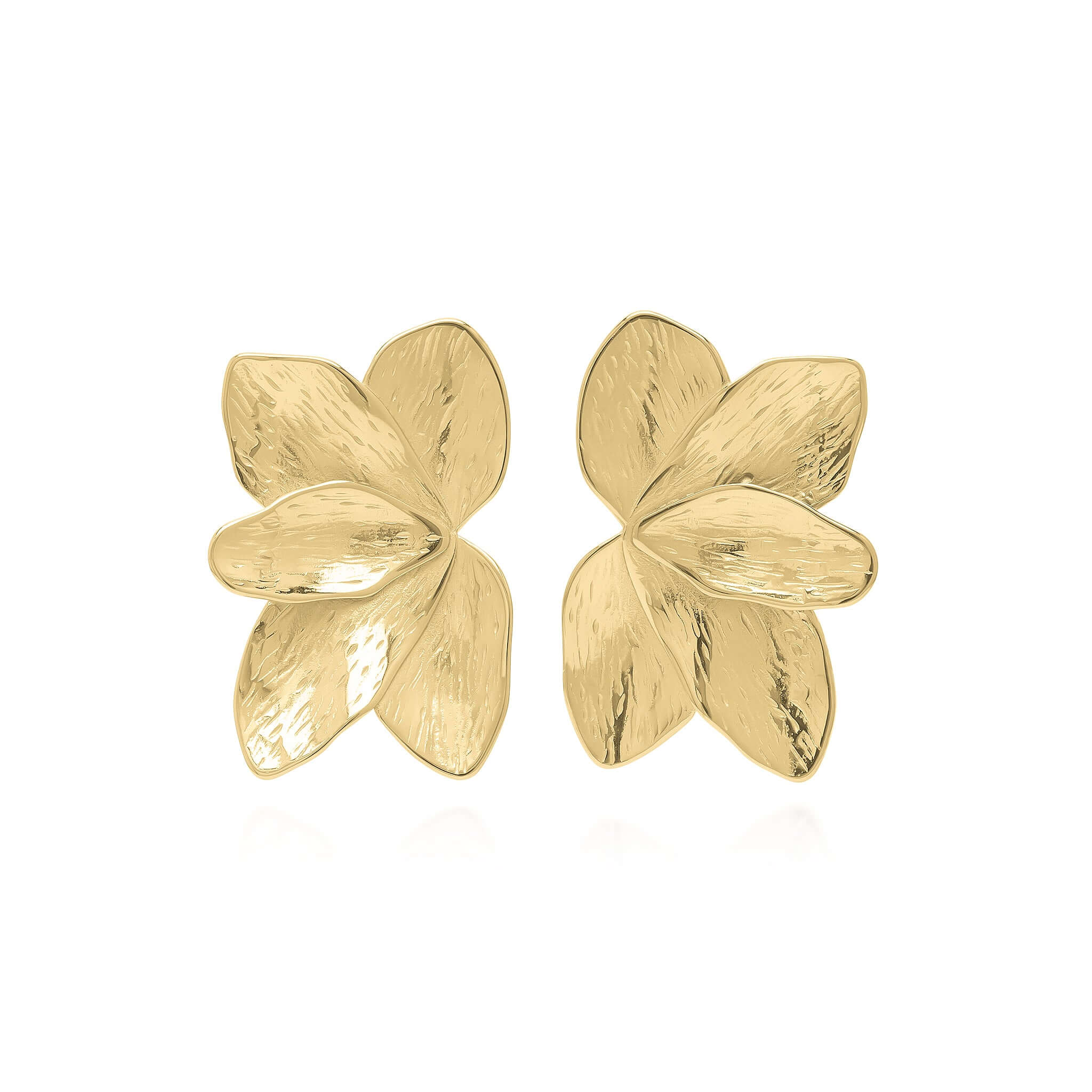 Flora Textured Bloom Stud Earrings by ARIIRA, crafted in waterproof gold, showcasing petal-like curves with a luminous finish.