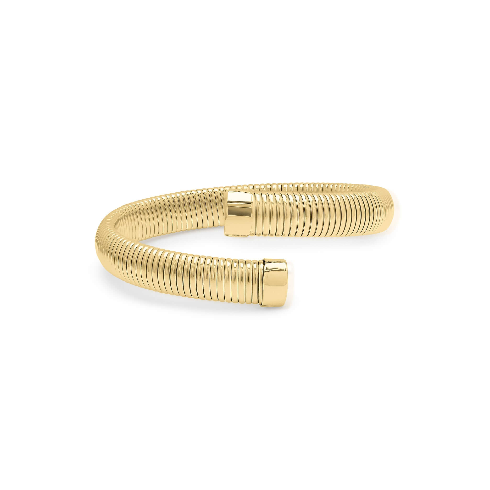 Iyla Flexible Ribbed Open Gold Bangle by ARIIRA, showcasing a fluid coil texture and minimalist design.
