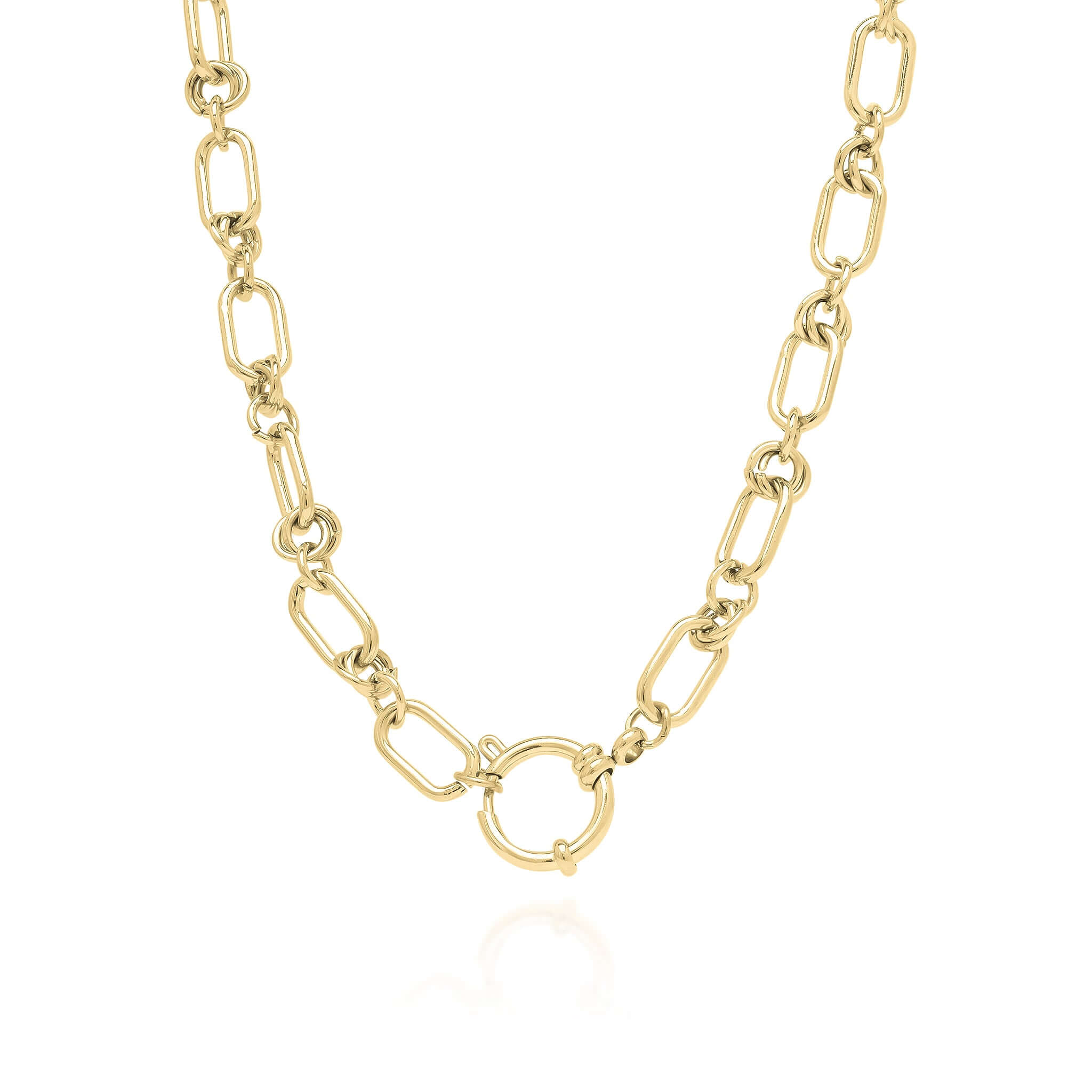 Elina Chunky Link Toggle Chain Necklace by ARIIRA, featuring bold links and a circular clasp, exuding quiet confidence.