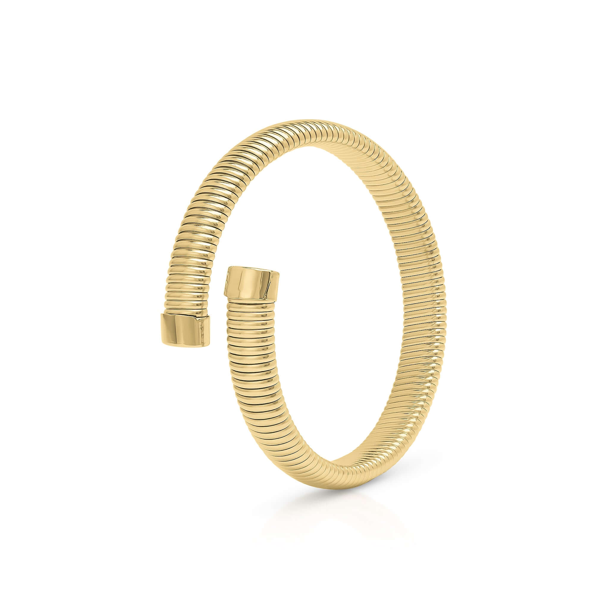 Iyla Flexible Ribbed Open Gold Bangle by ARIIRA, showcasing fluid coil texture and elegant design.