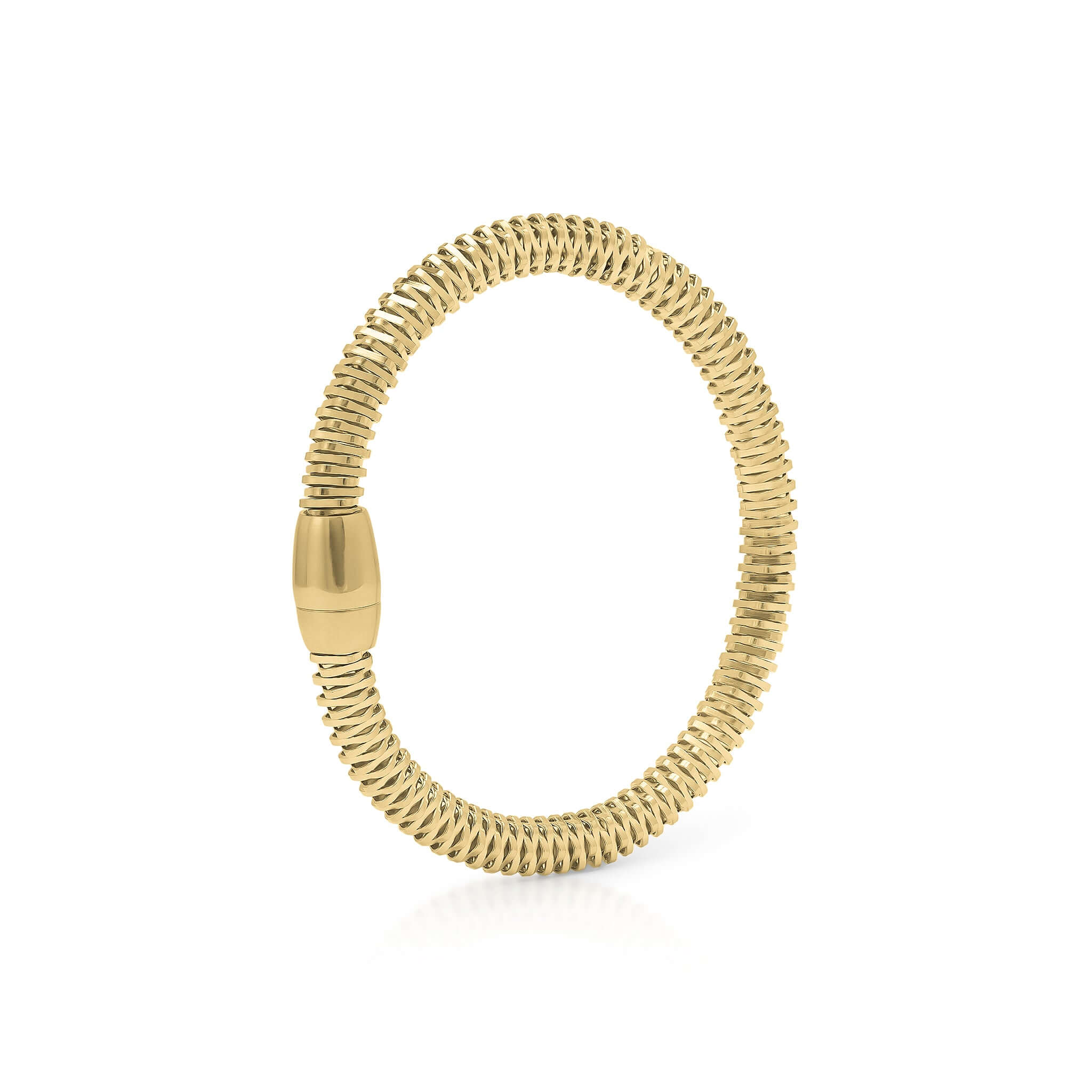 Amaris coiled mesh tube bracelet by ARIIRA with polished barrel clasp, combining fluid texture and structured design.