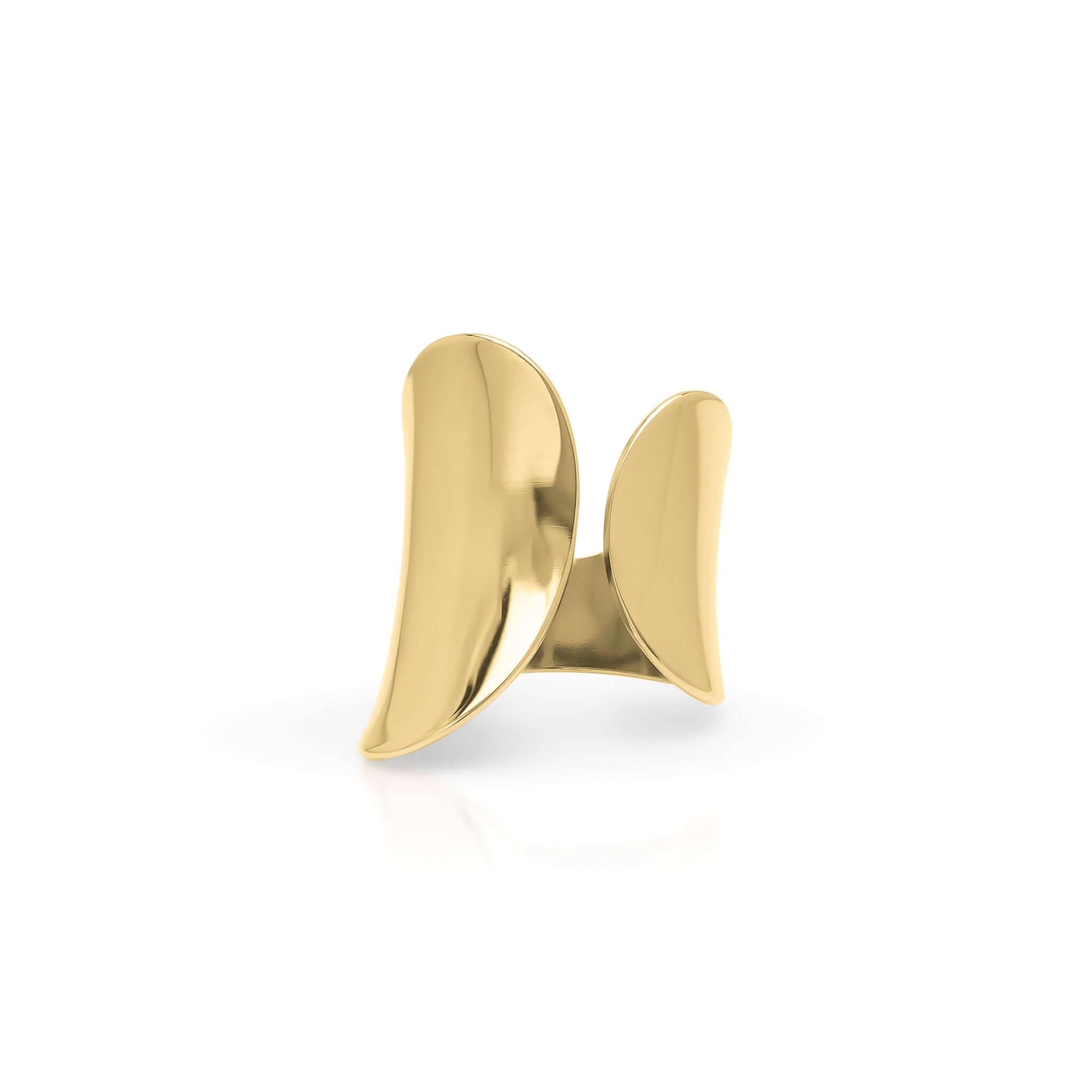 Elegant gold sculpted leaf statement ring by ARIIRA, featuring a wide band and organic, fluid design.