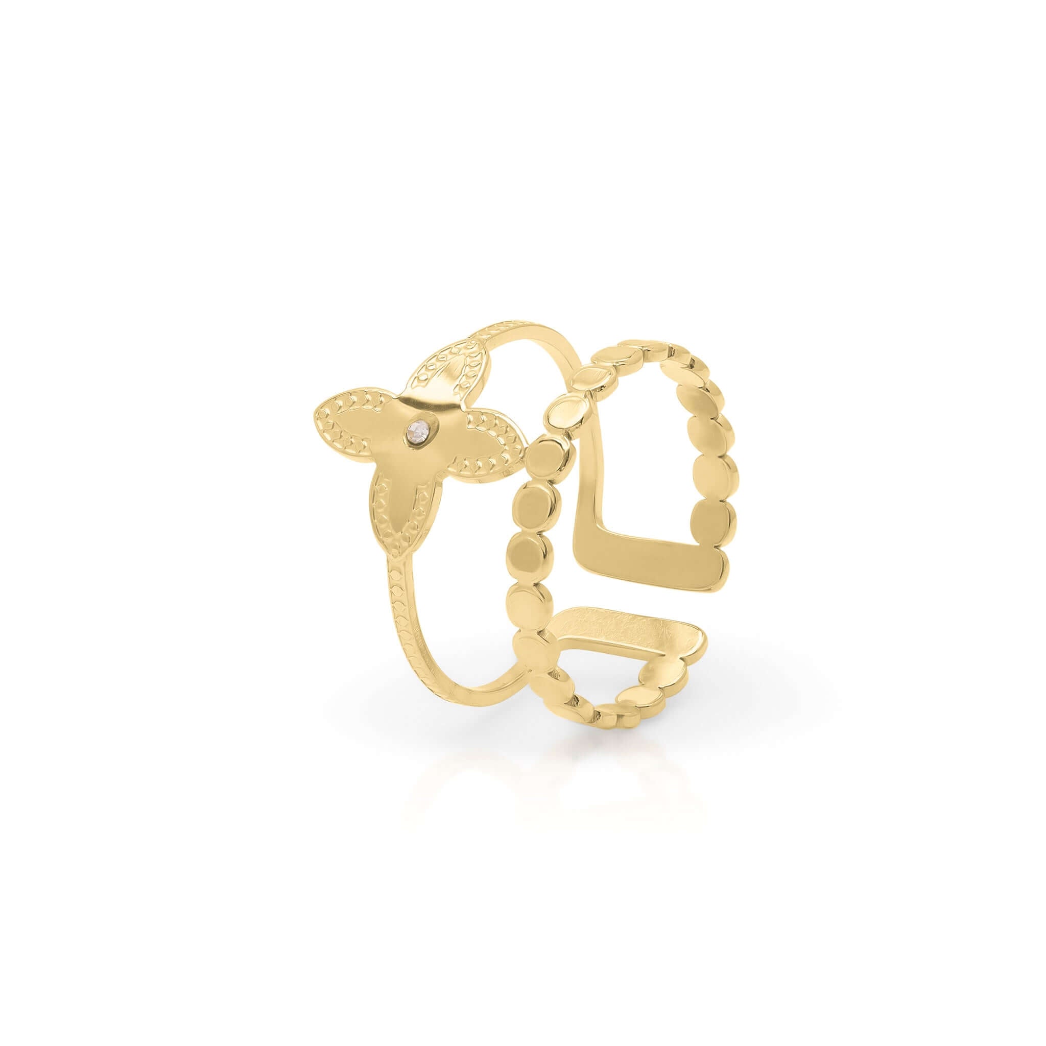 Mira Twin Band Floral Open Ring by ARIIRA featuring dotted texture and floral motif with stone, ideal for women's jewellery.