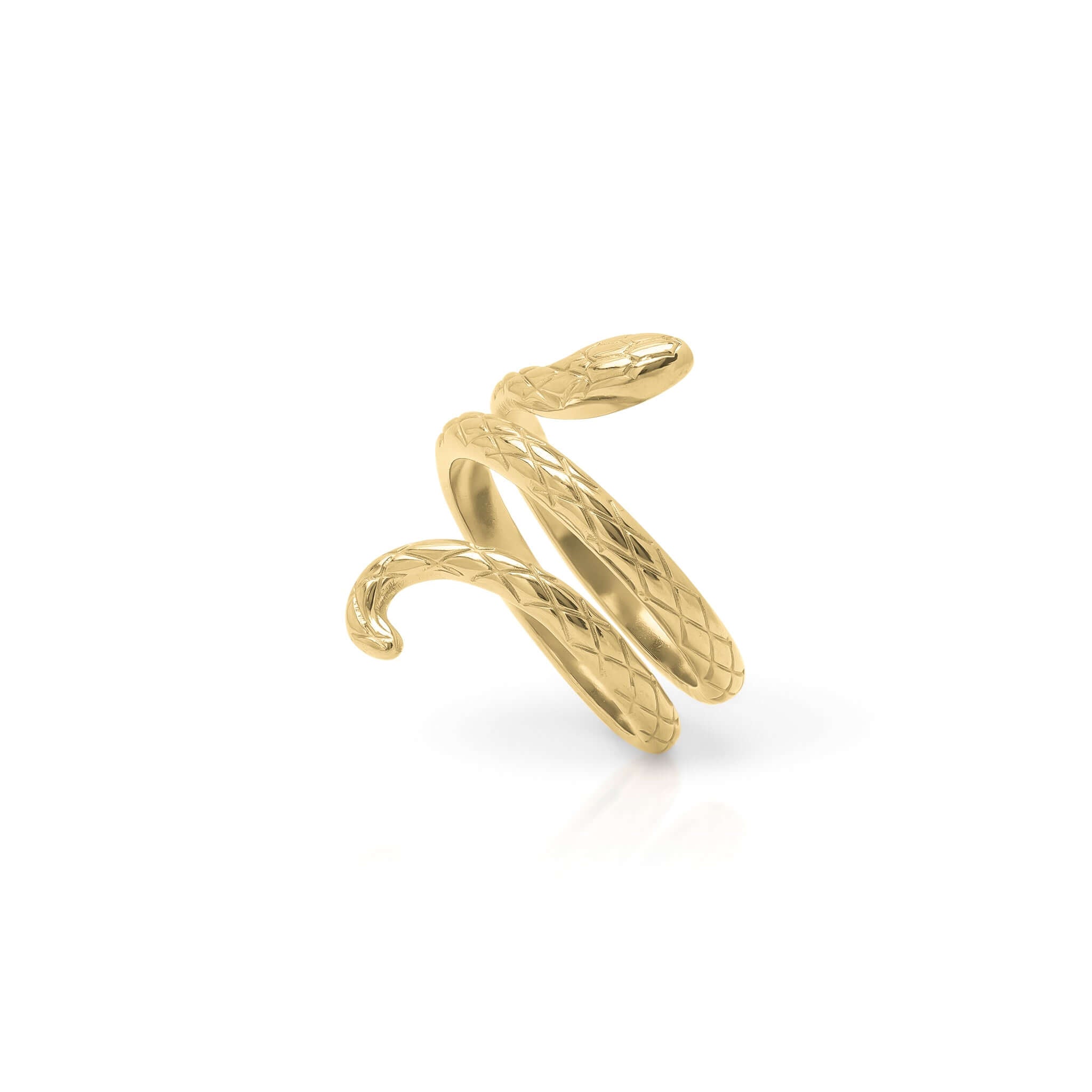 Amaya Textured Serpent Wrap Ring by ARIIRA, featuring an embossed scale texture and adjustable spiral design.