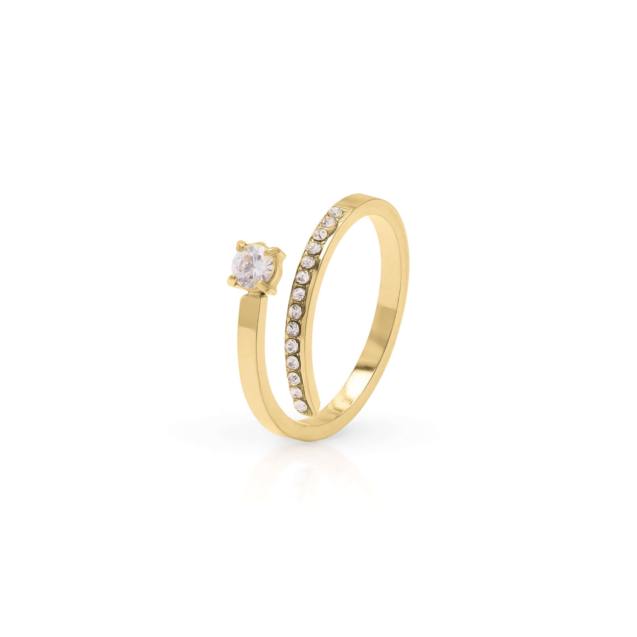 Talia Adjustable Crystal Accent Ring by ARIIRA, featuring a radiant round-cut center crystal and elegant open band design.