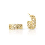 Dalia Crystal Lattice Hoop Earrings by ARIIRA, gold with criss-cross pattern and tiny crystals, lightweight and tarnish-free.